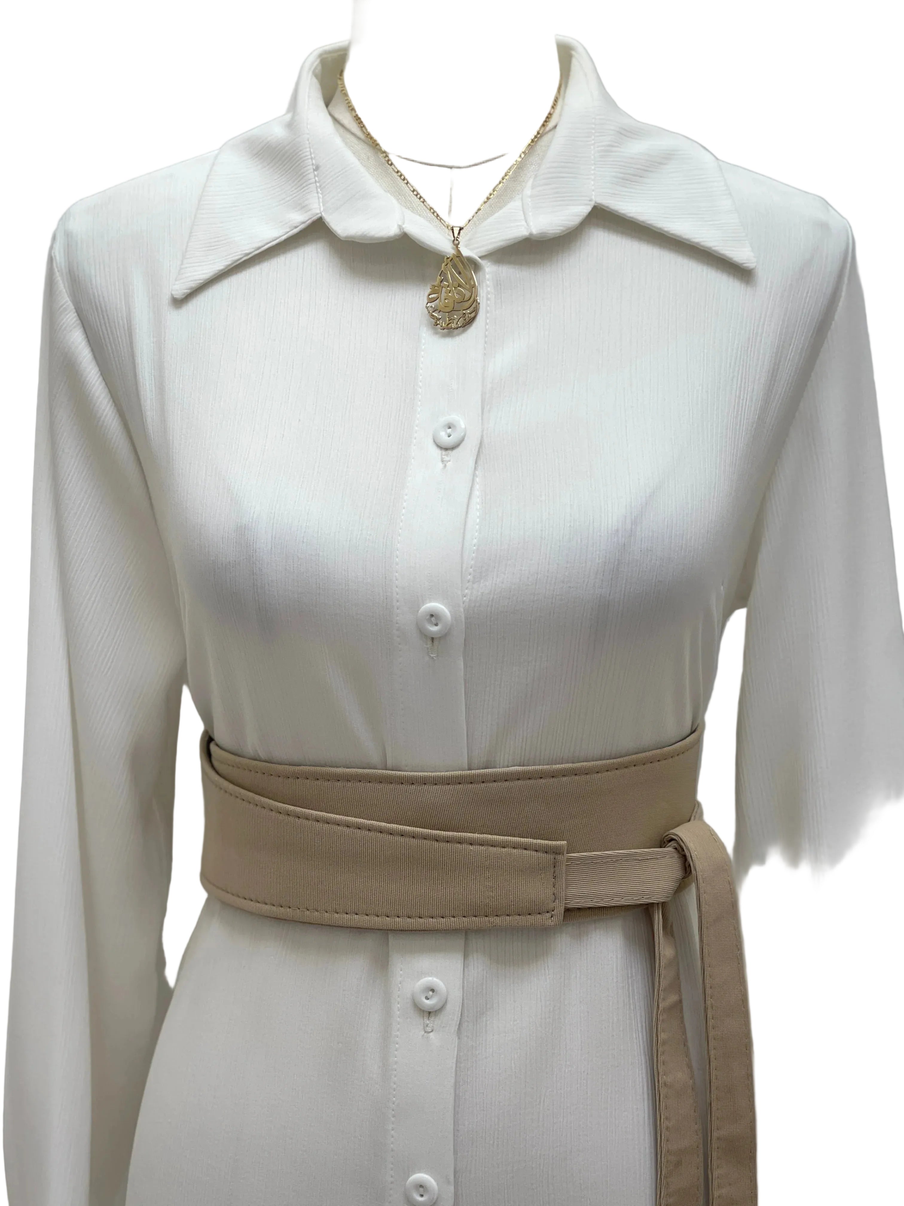Satin Belt Matt Color beige wrap belt styled on white button down dress by Palestinian Elegance at waist
