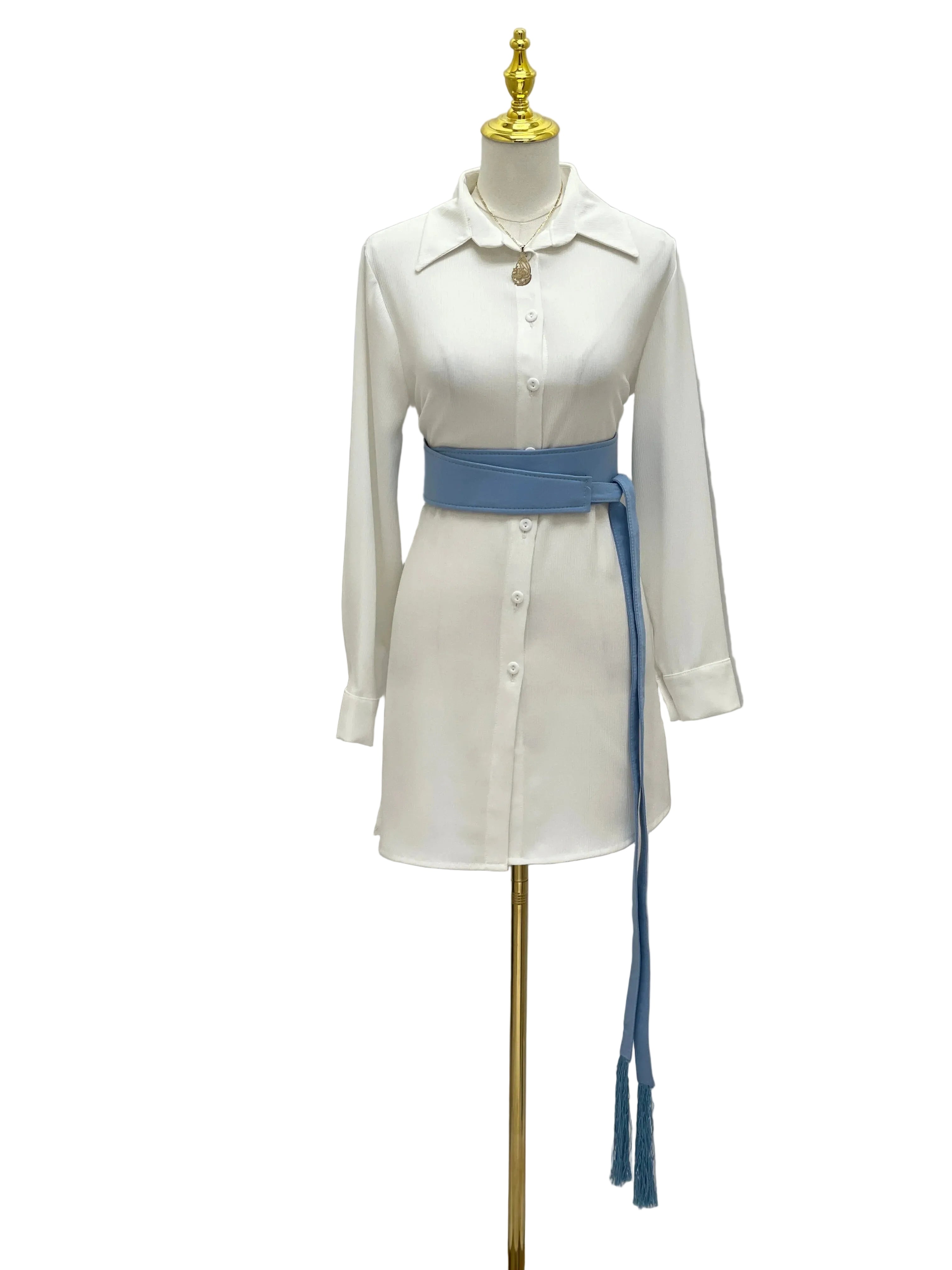 Palestinian Elegance Satin Belt Matt Color blue wrap sash with tassels cinching waist on white shirt dress