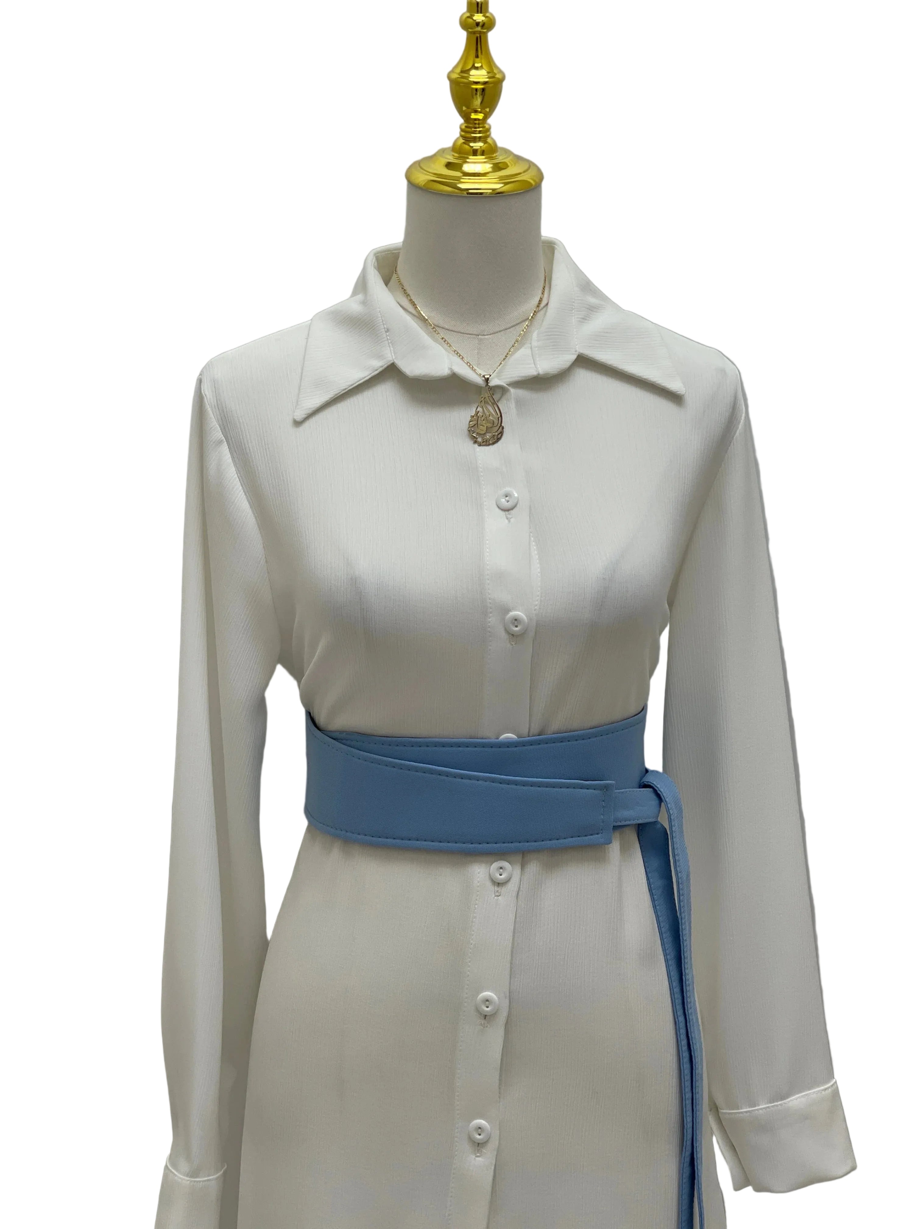 Palestinian Elegance Satin Belt Matt Color wide sky blue wrap belt on white button shirt dress mannequin