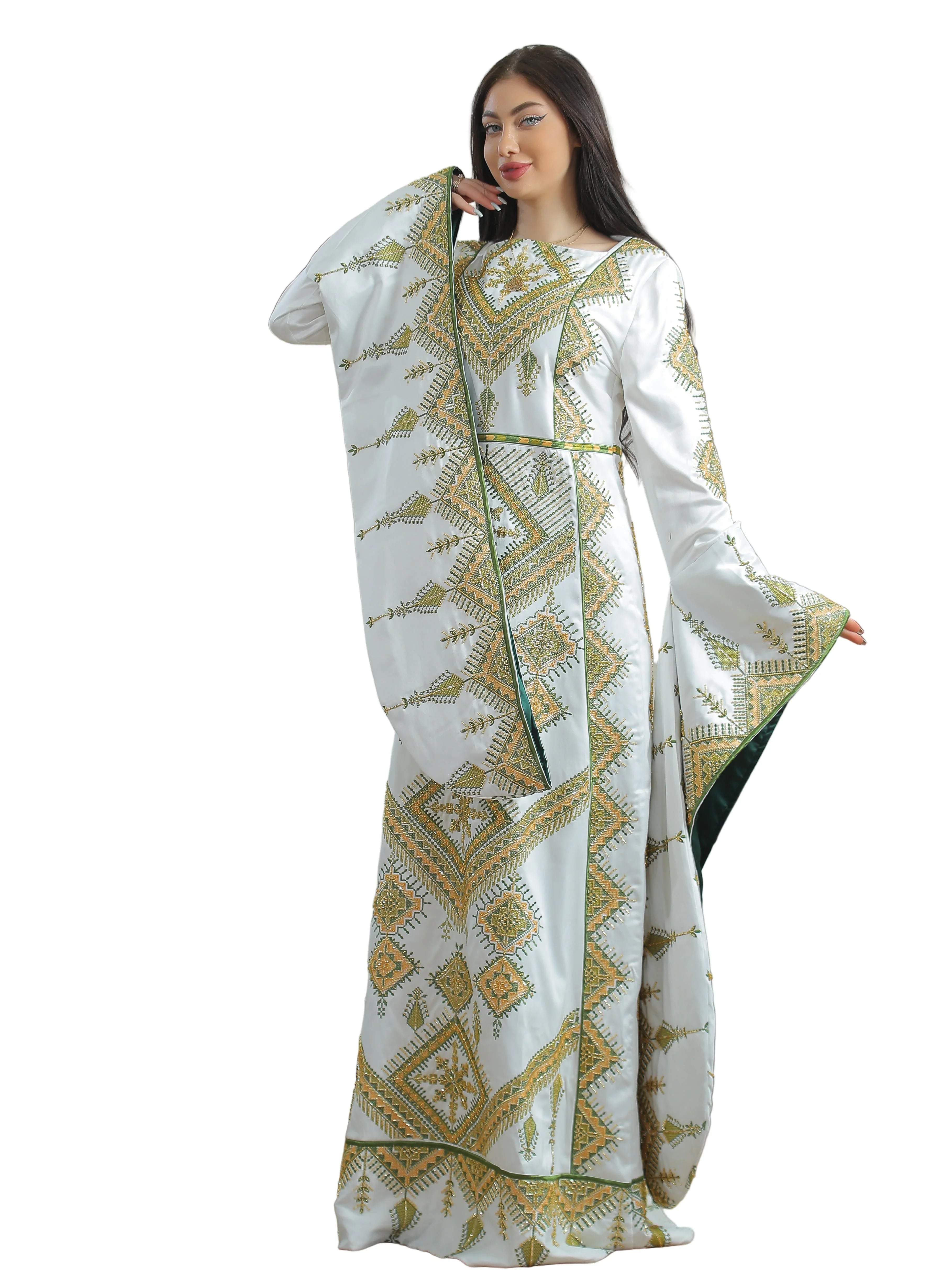 Olive Bloom Bridal Embroidered Dress - Palestinian Elegance