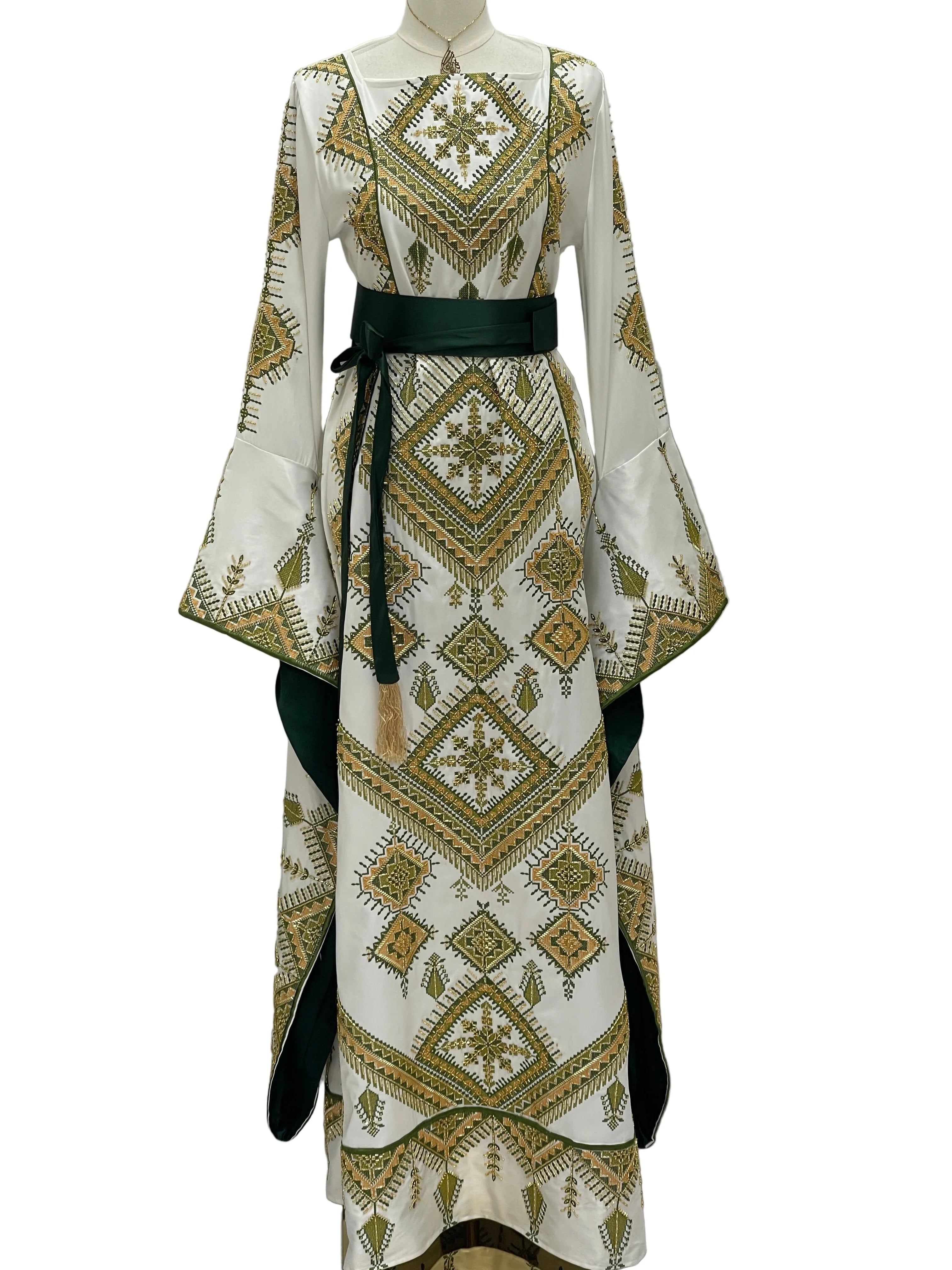 Olive Bloom Bridal Embroidered Dress by Palestinian Elegance gown with olive gold geometric embroidery and dark green sash belt