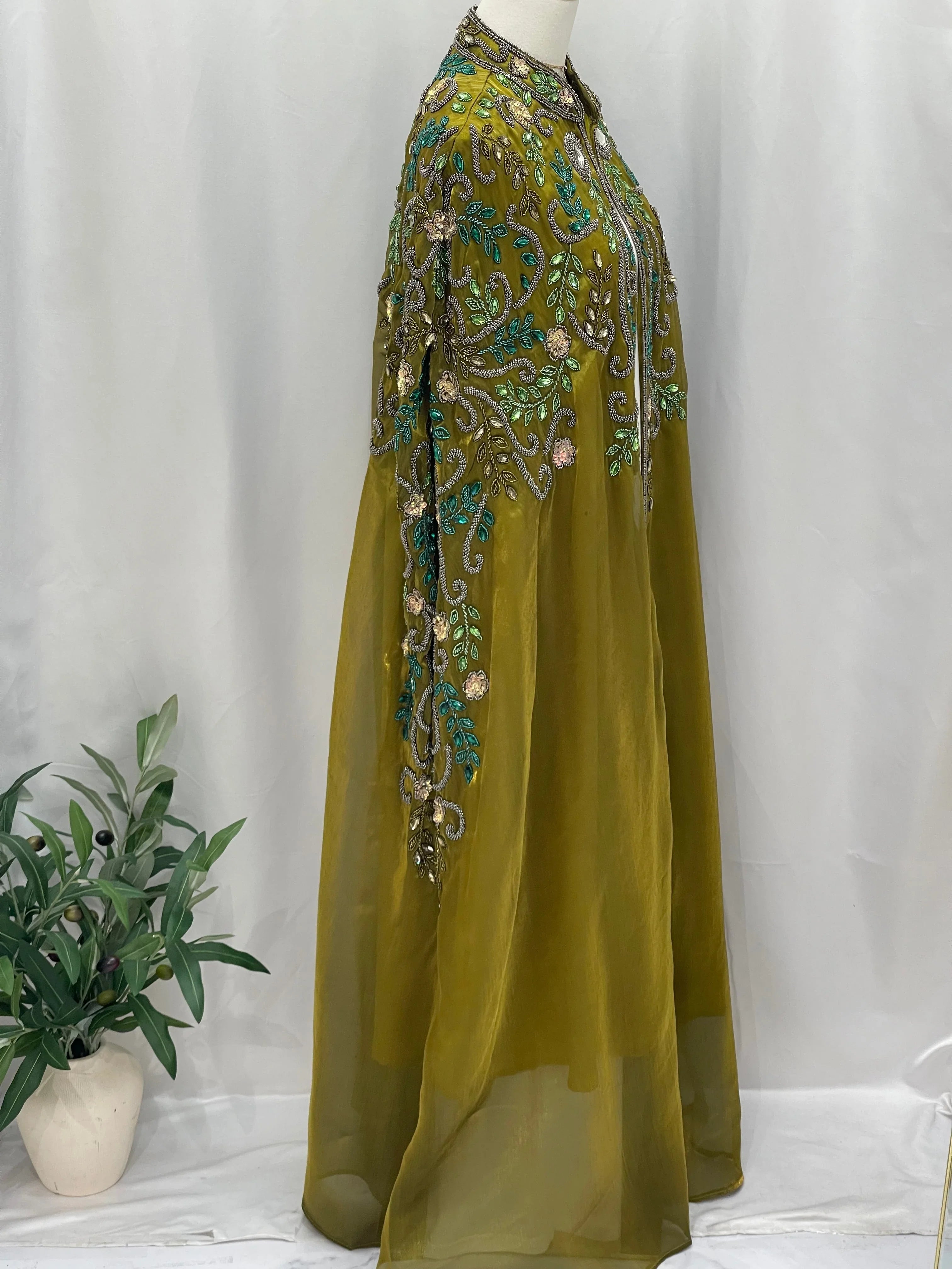 Olive Luxury Bejeweled Cape – Statement Elegance & Modern Sophistication - Palestinian Elegance