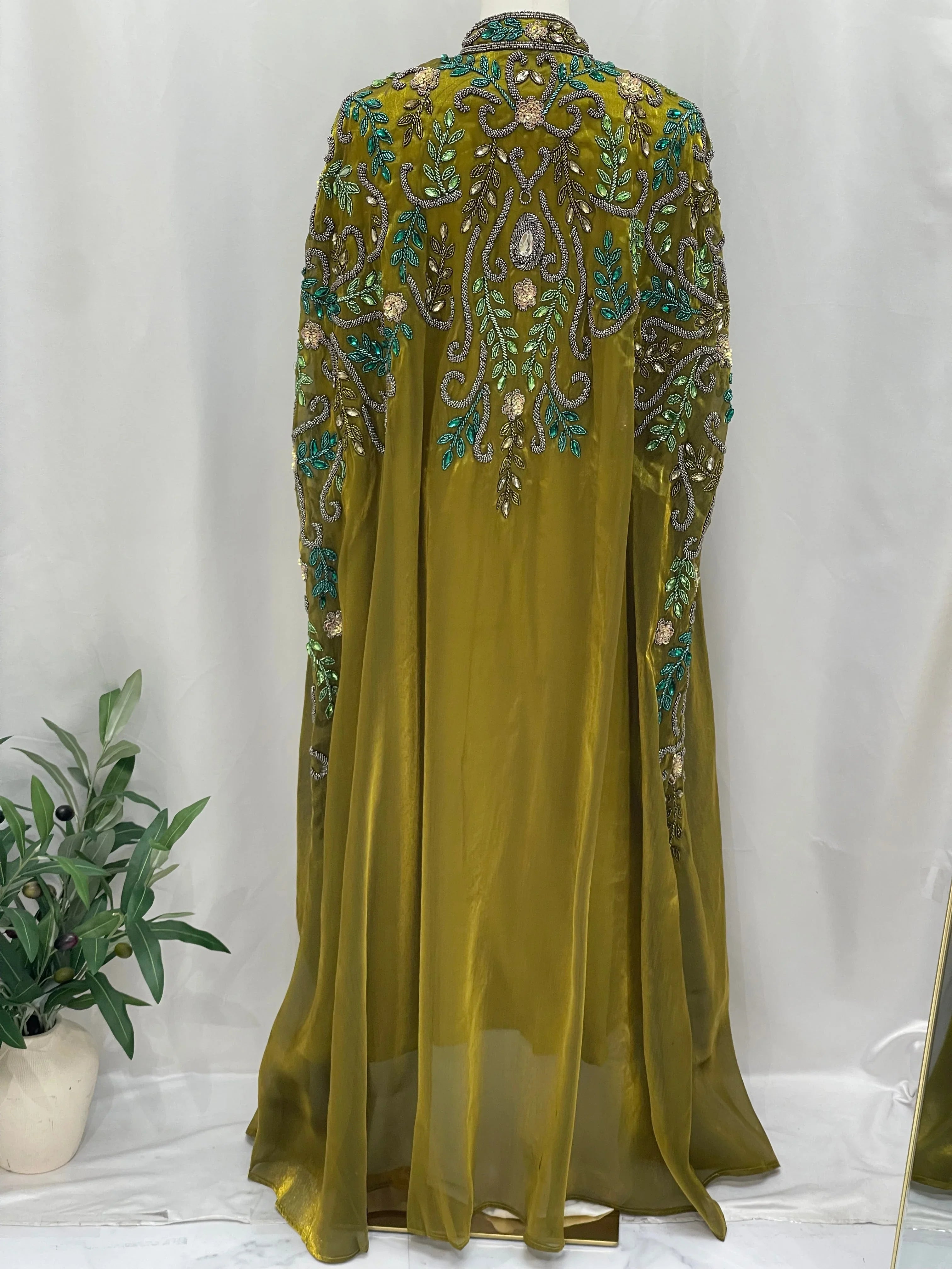Olive Luxury Bejeweled Cape – Statement Elegance & Modern Sophistication - Palestinian Elegance