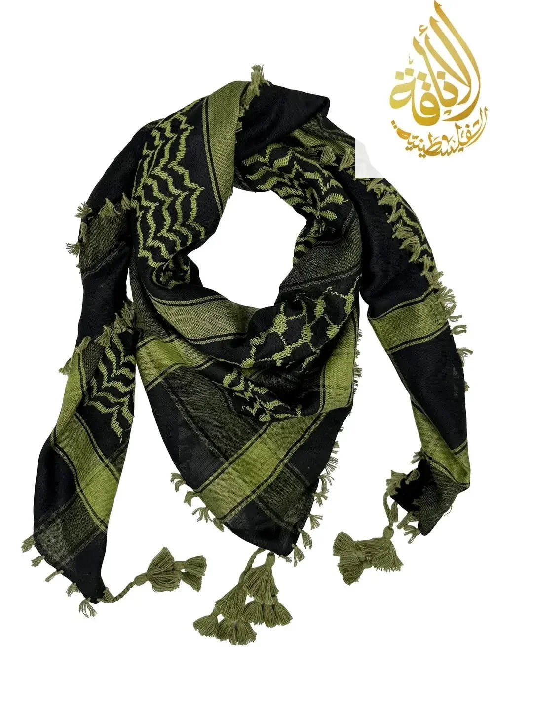Palestinian kuffiyeh scarf in black and olive green with tassels by Palestinian Elegance