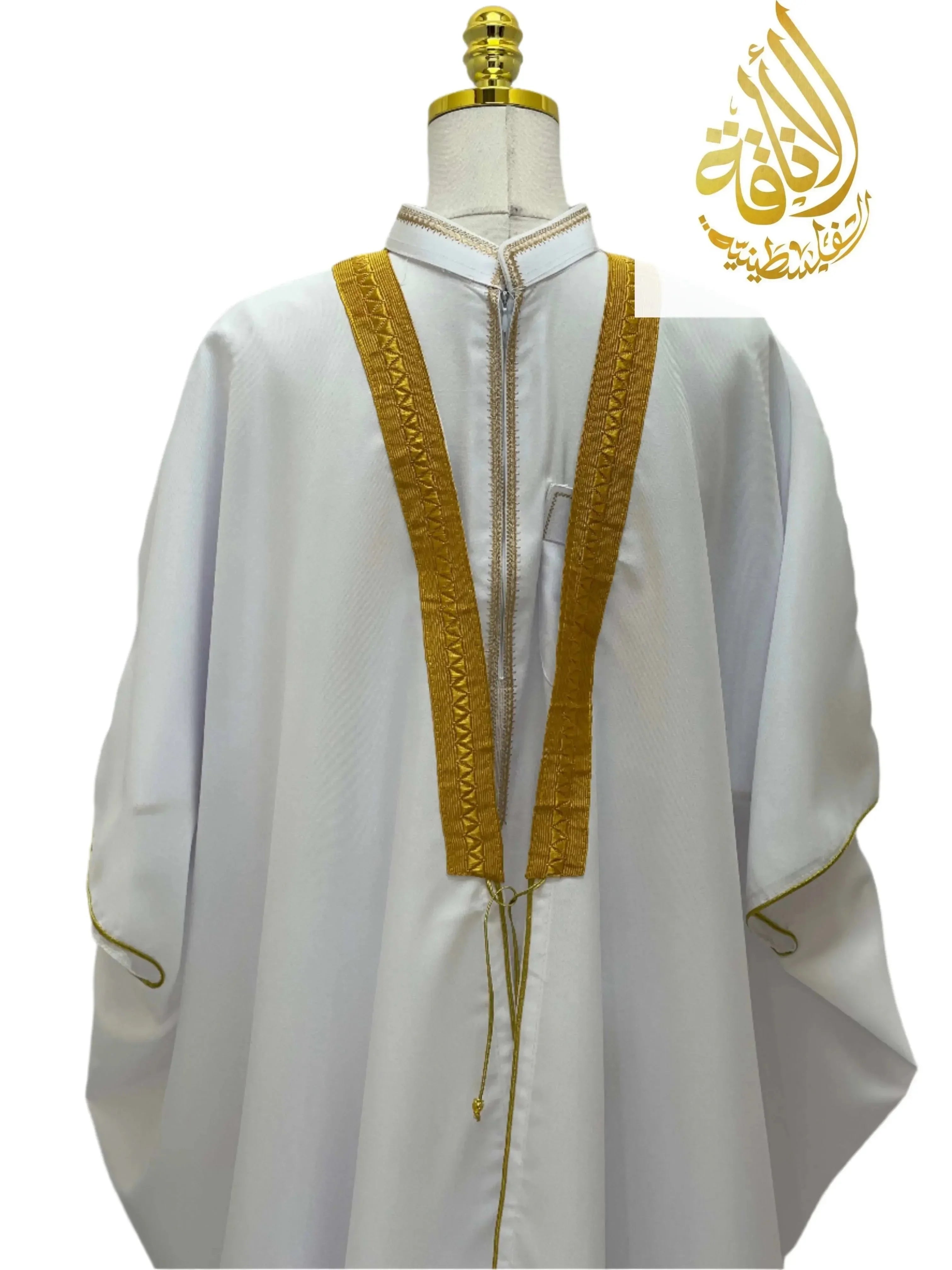 Omar Mens White Bisht Thobe Robe by Palestinian Elegance with gold embroidery and traditional design