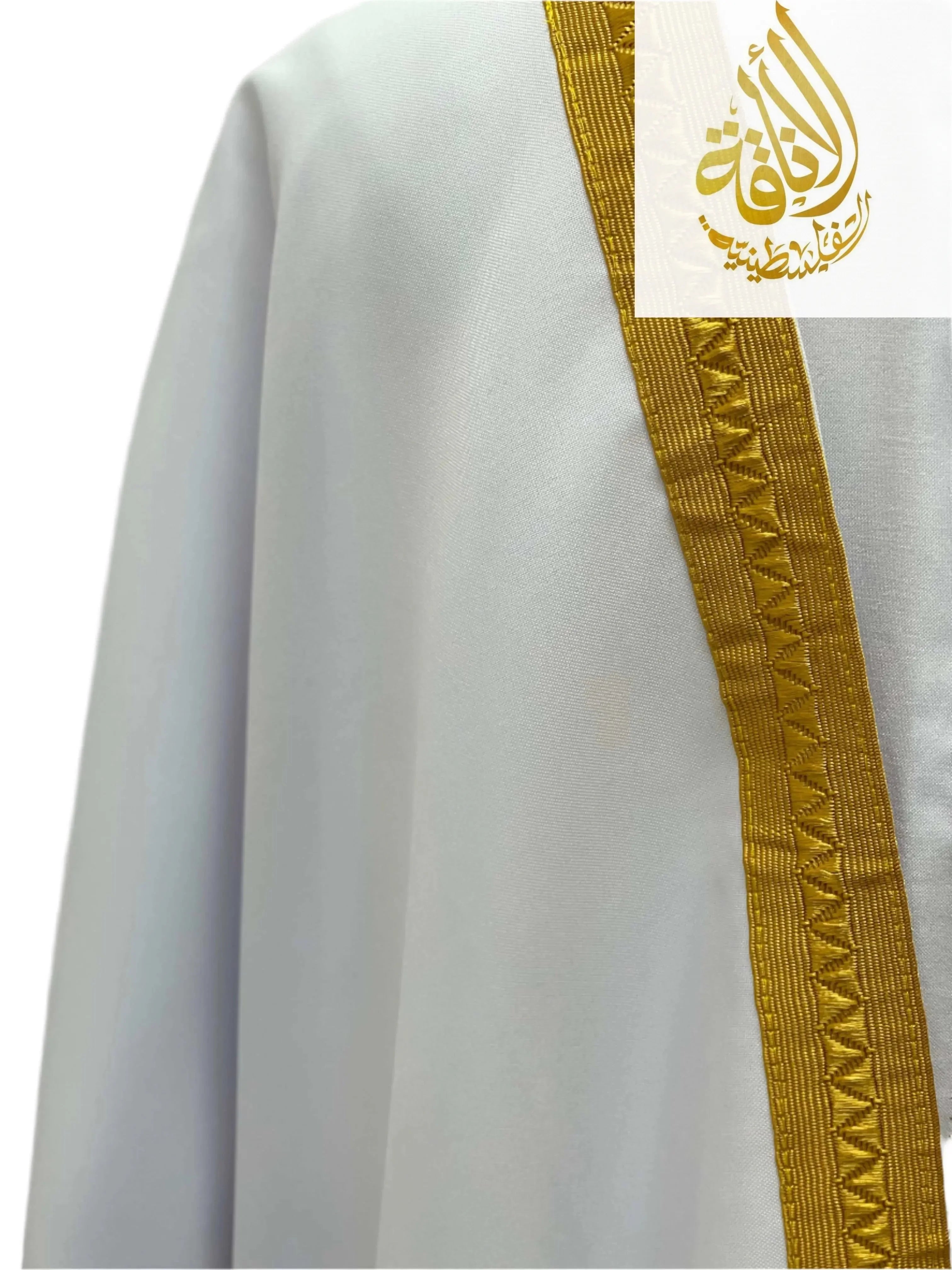 Close-up of Omar Mens White Bisht Thobe Robe with detailed gold embroidery on white fabric