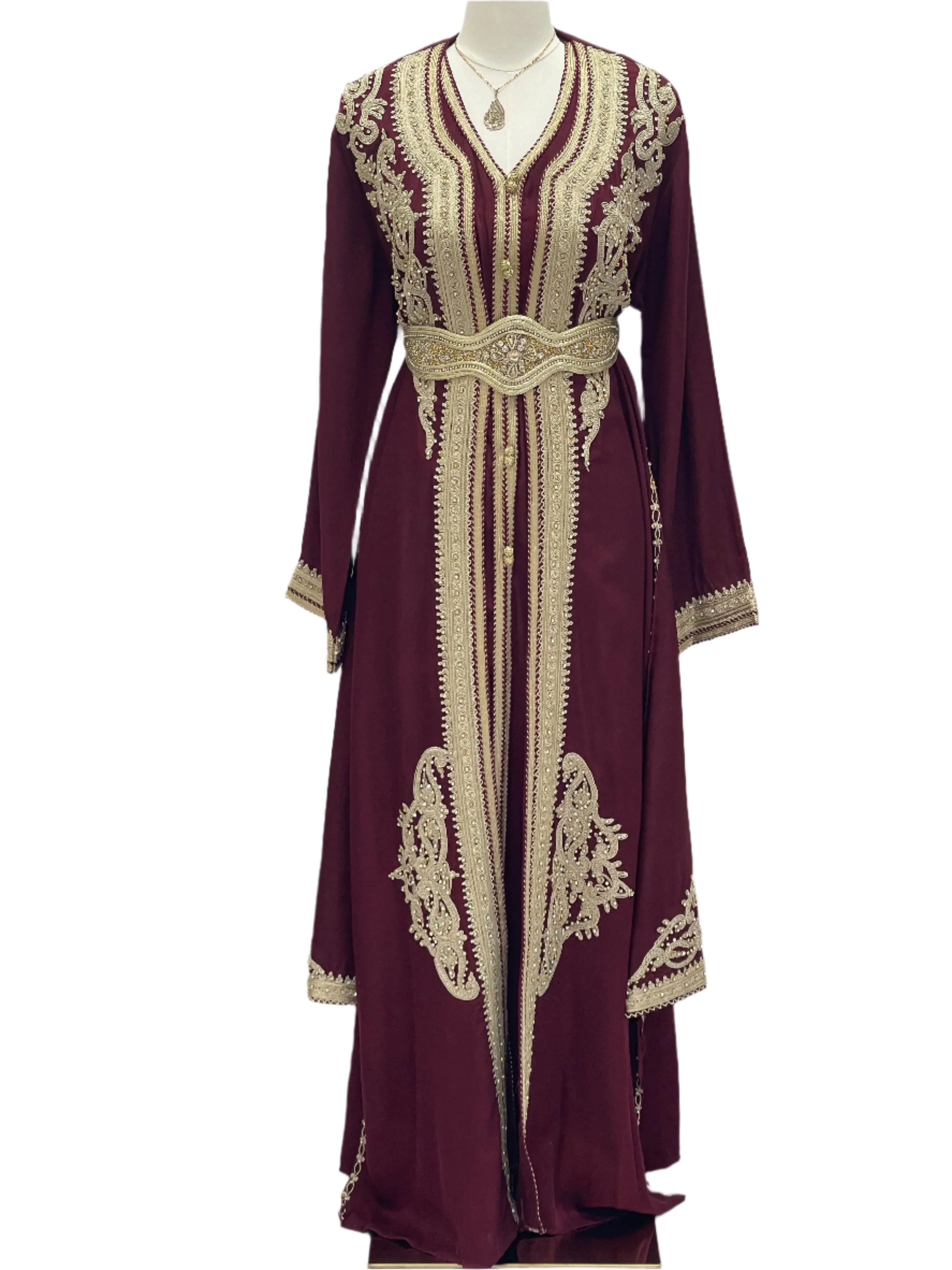Omima Morocco Style Kaftan in deep purple with gold embroidery and matching belt from Palestinian Elegance