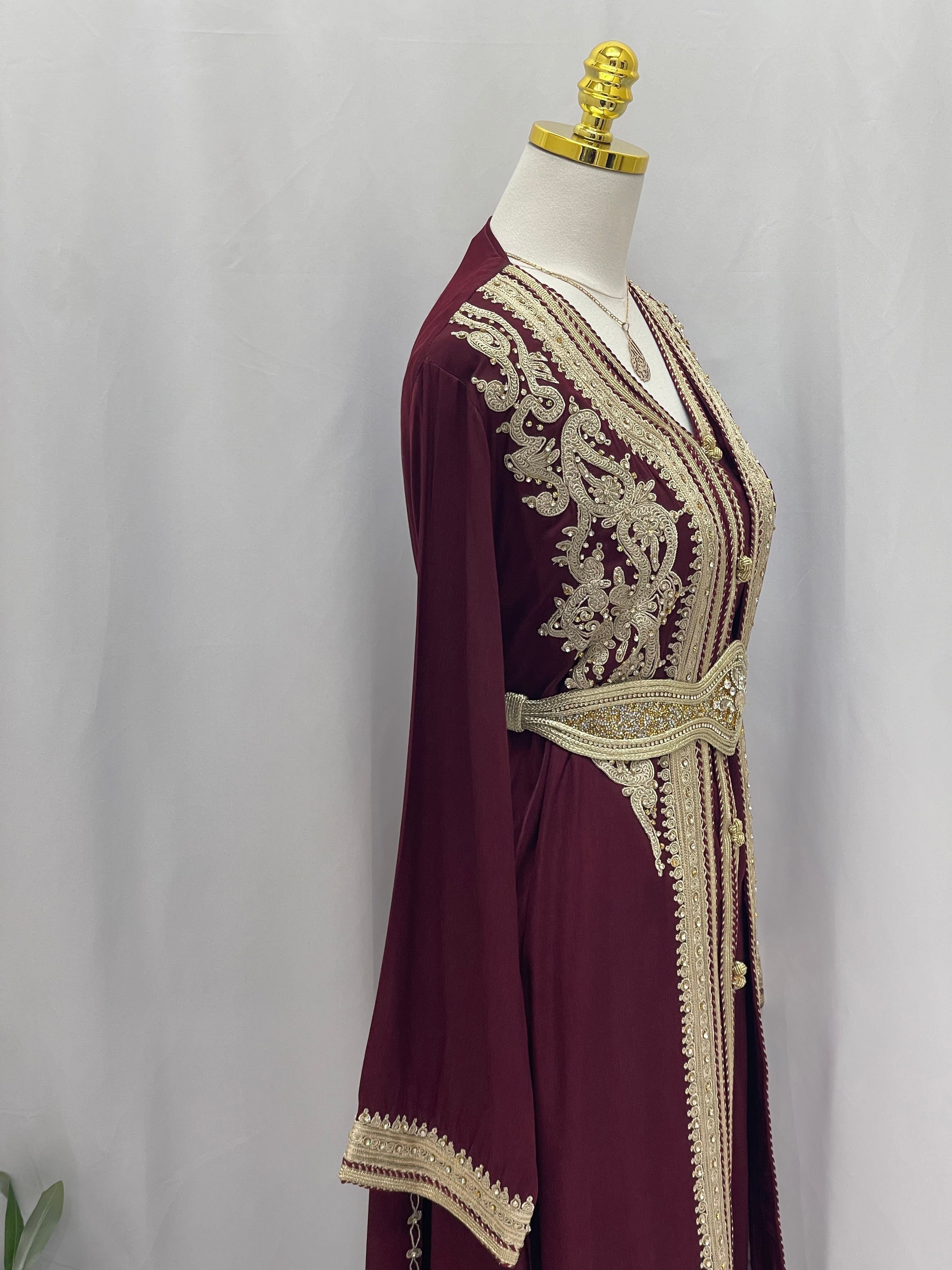 Palestinian Elegance Omima Morocco Style Kaftan in deep burgundy with intricate gold embroidery and matching belt