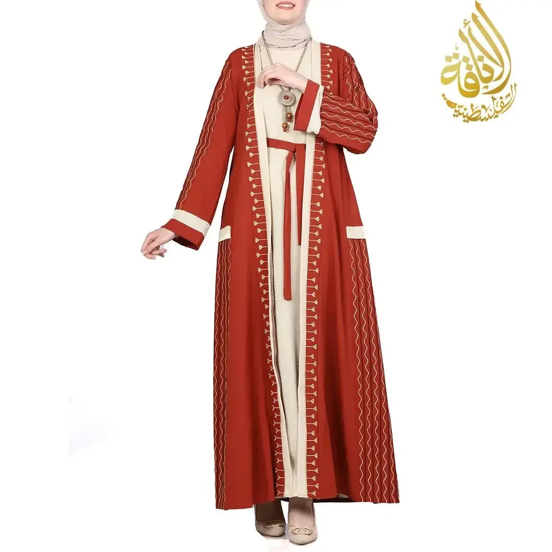 Palestinian Elegance modern embroidered abaya set featuring red and cream colors with geometric embroidery