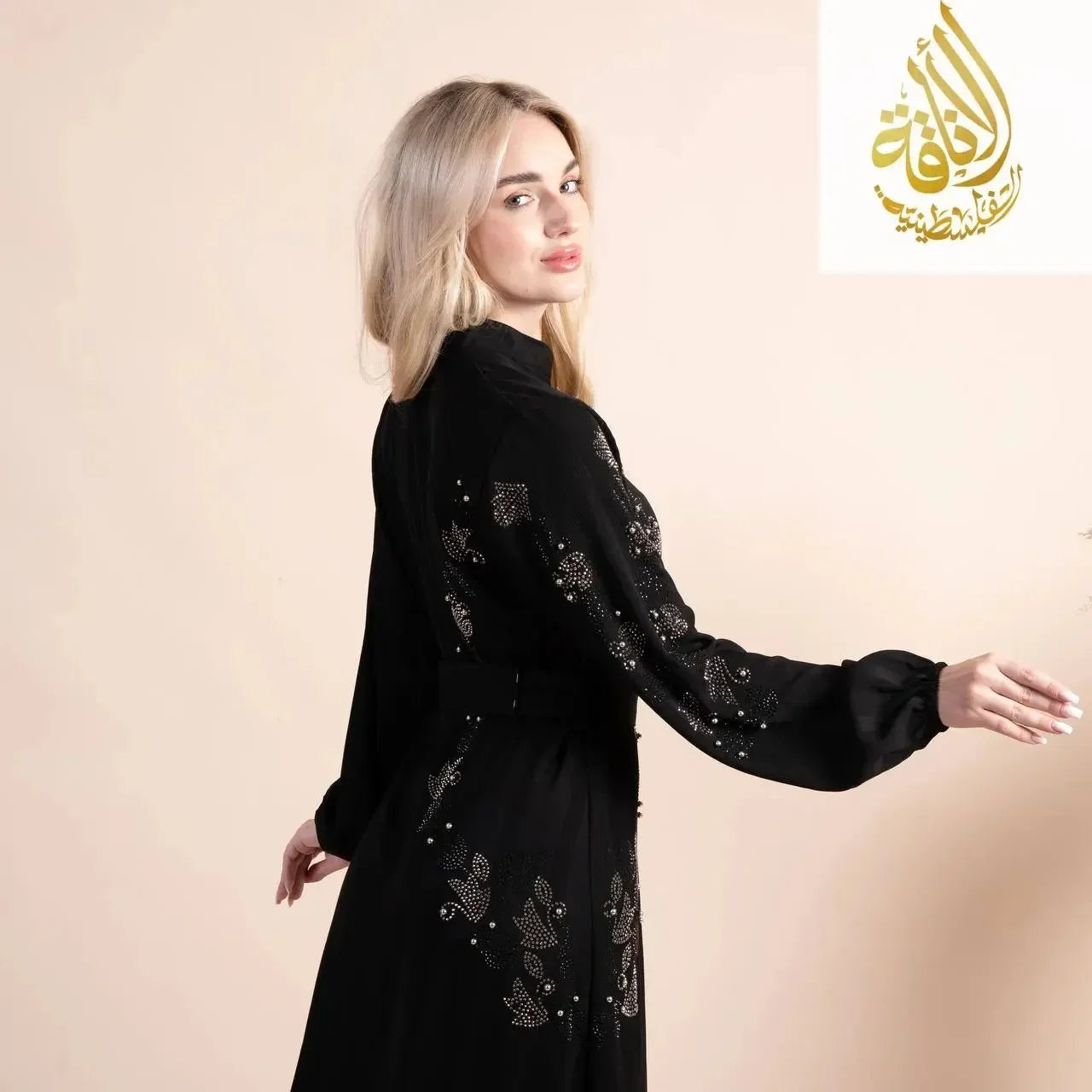 Palestinian Elegance Abaya with Belt and Embroidery Palestinian Elegance