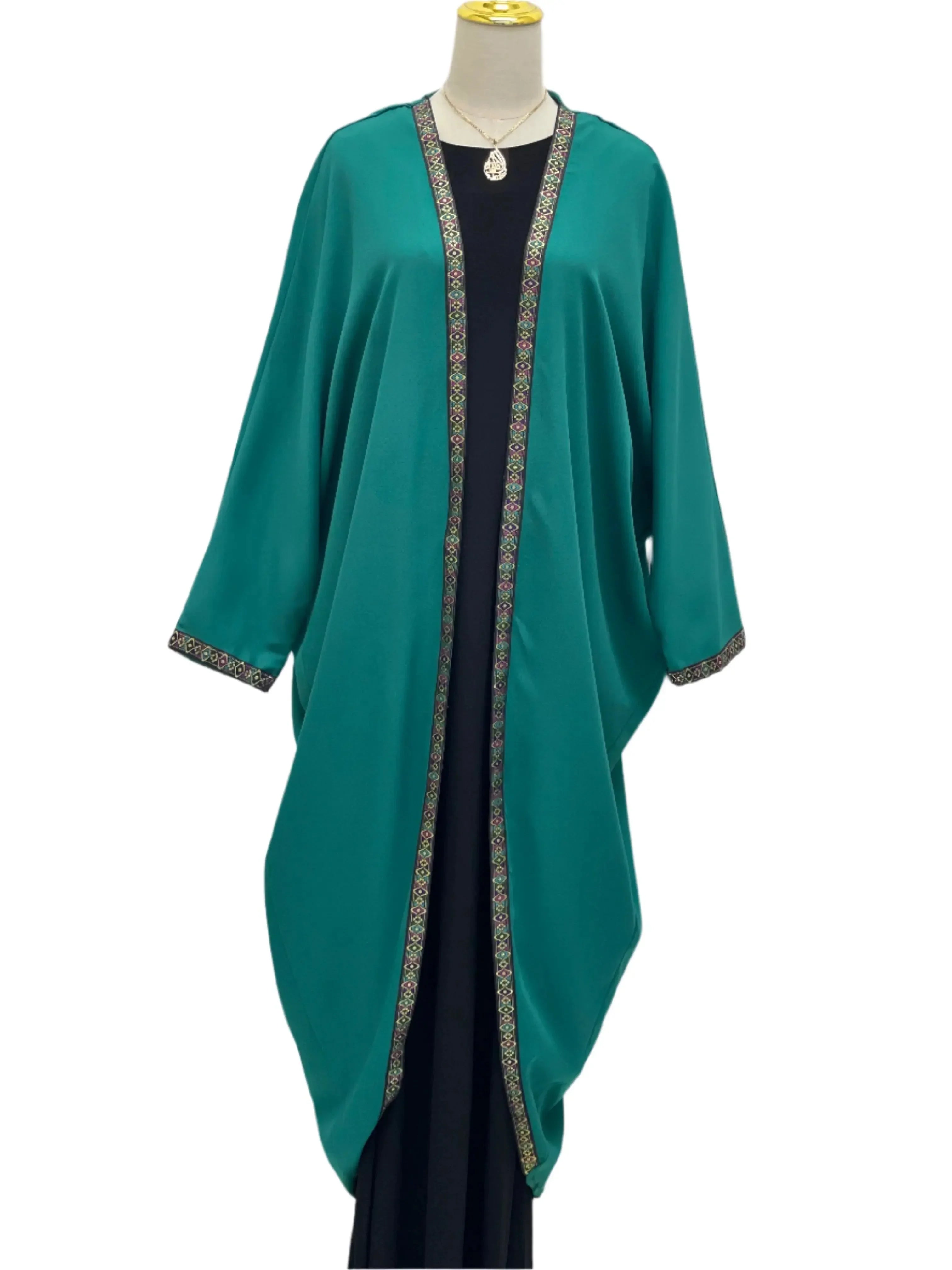 Palestinian Elegance Dana Free Size Kimono teal cardigan with embroidered trim on front and sleeves