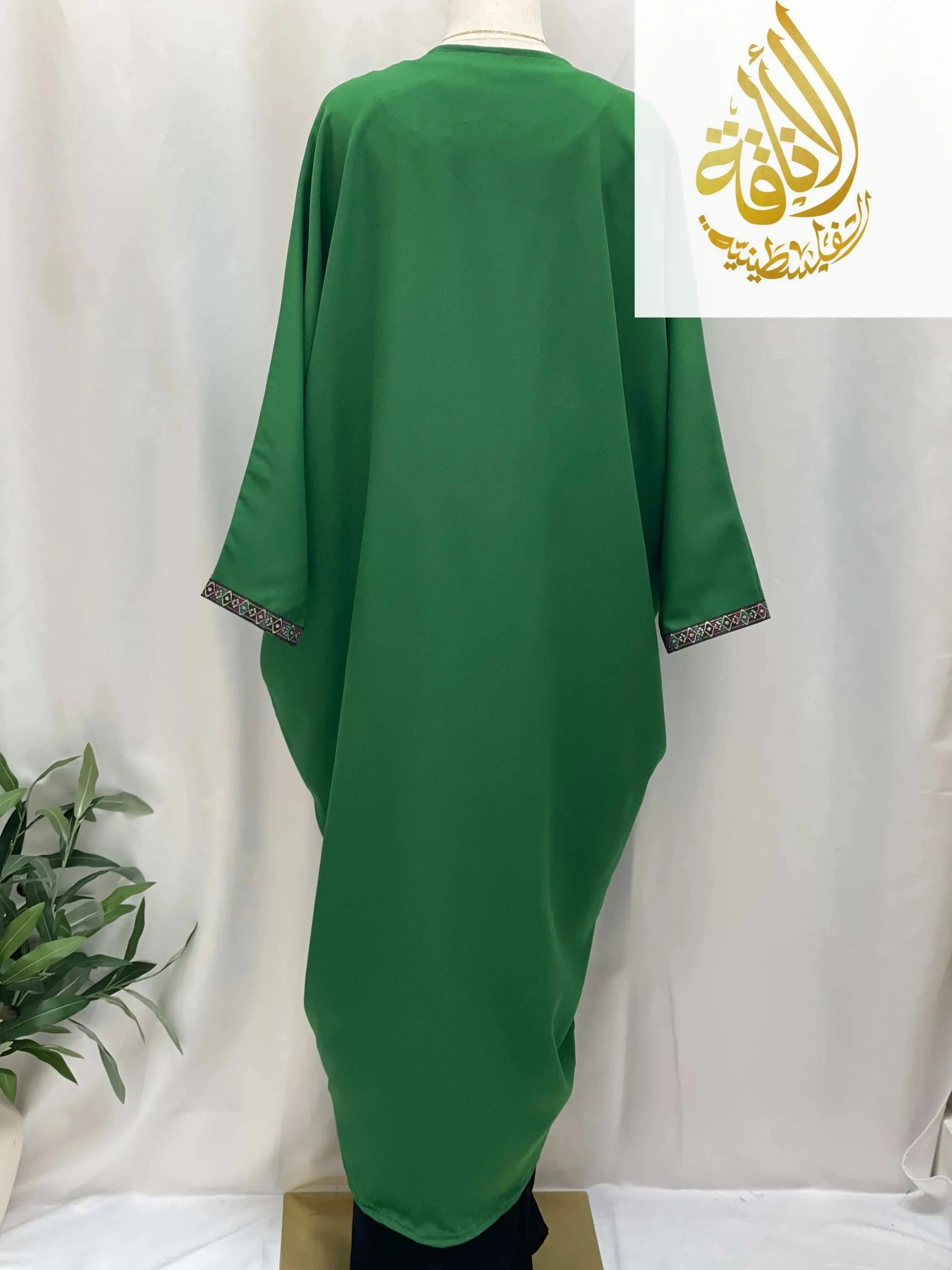 Palestinian Elegance Dana Free Size Kimono green cardigan with embroidered sleeve edges