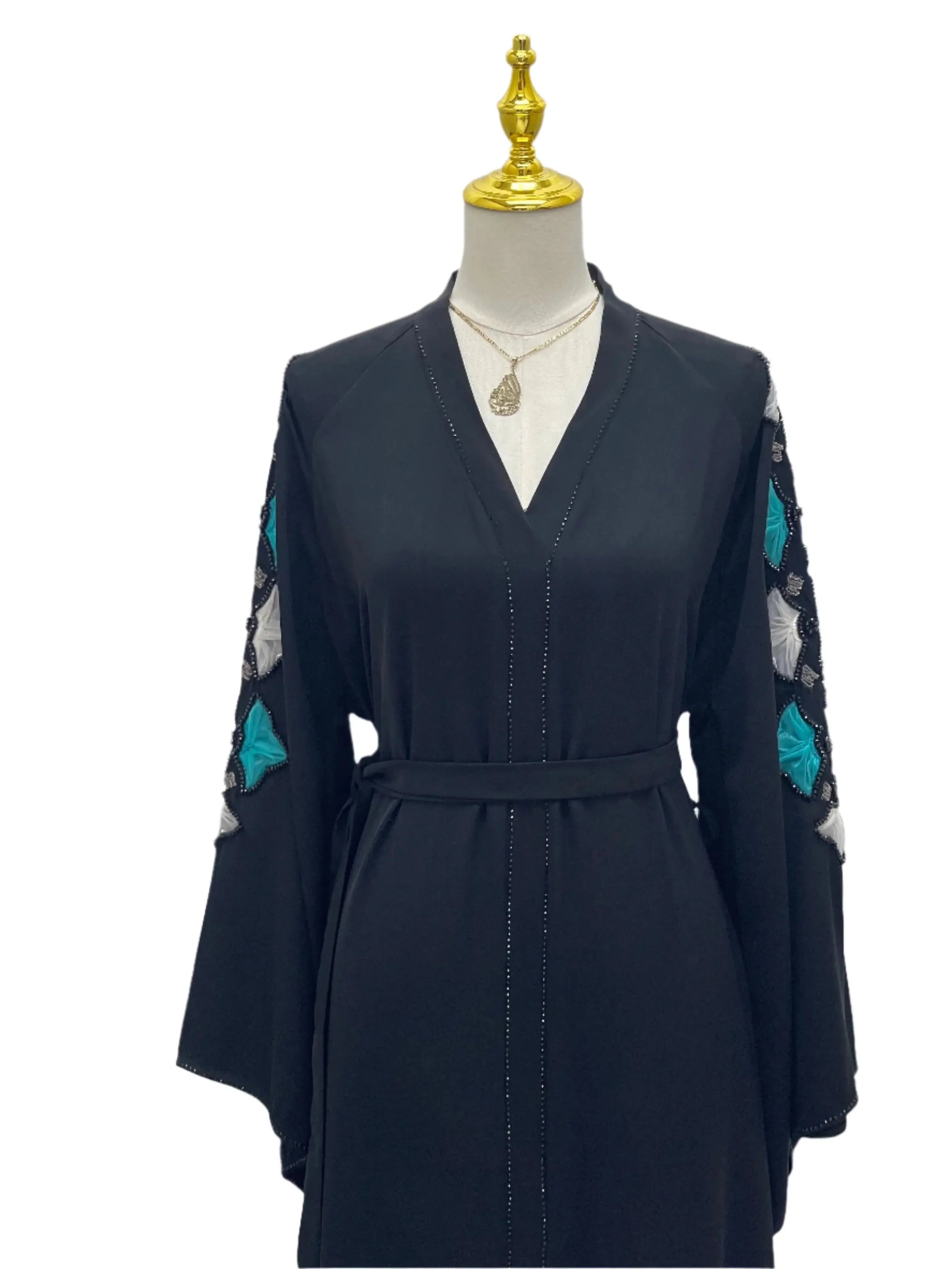 Palestinian Elegance elegant black abaya with turquoise and white embroidered sleeves and a belted waist