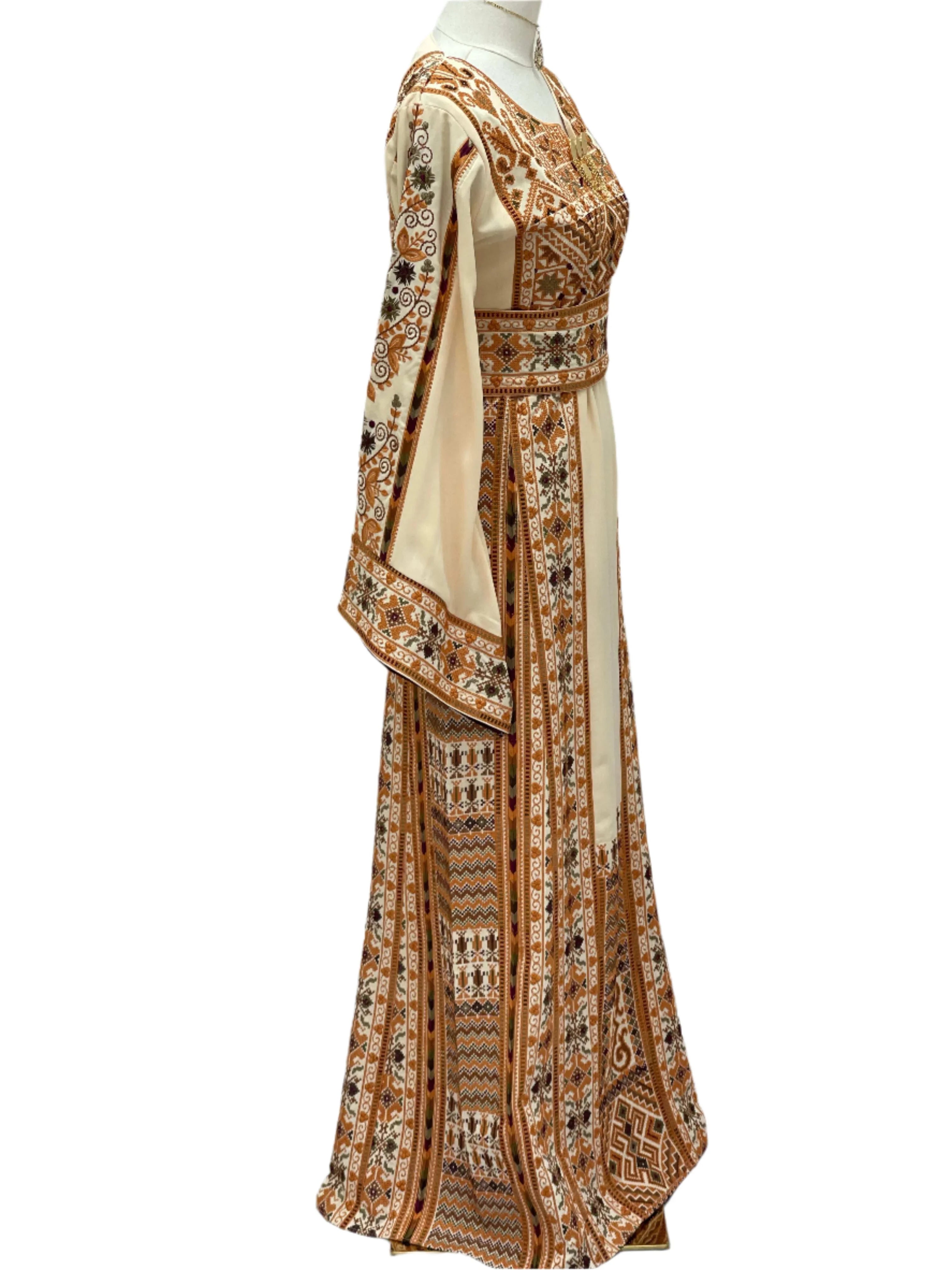 Embroidered Palestine Traditional Beige Thobe with detailed traditional patterns from Palestinian Elegance