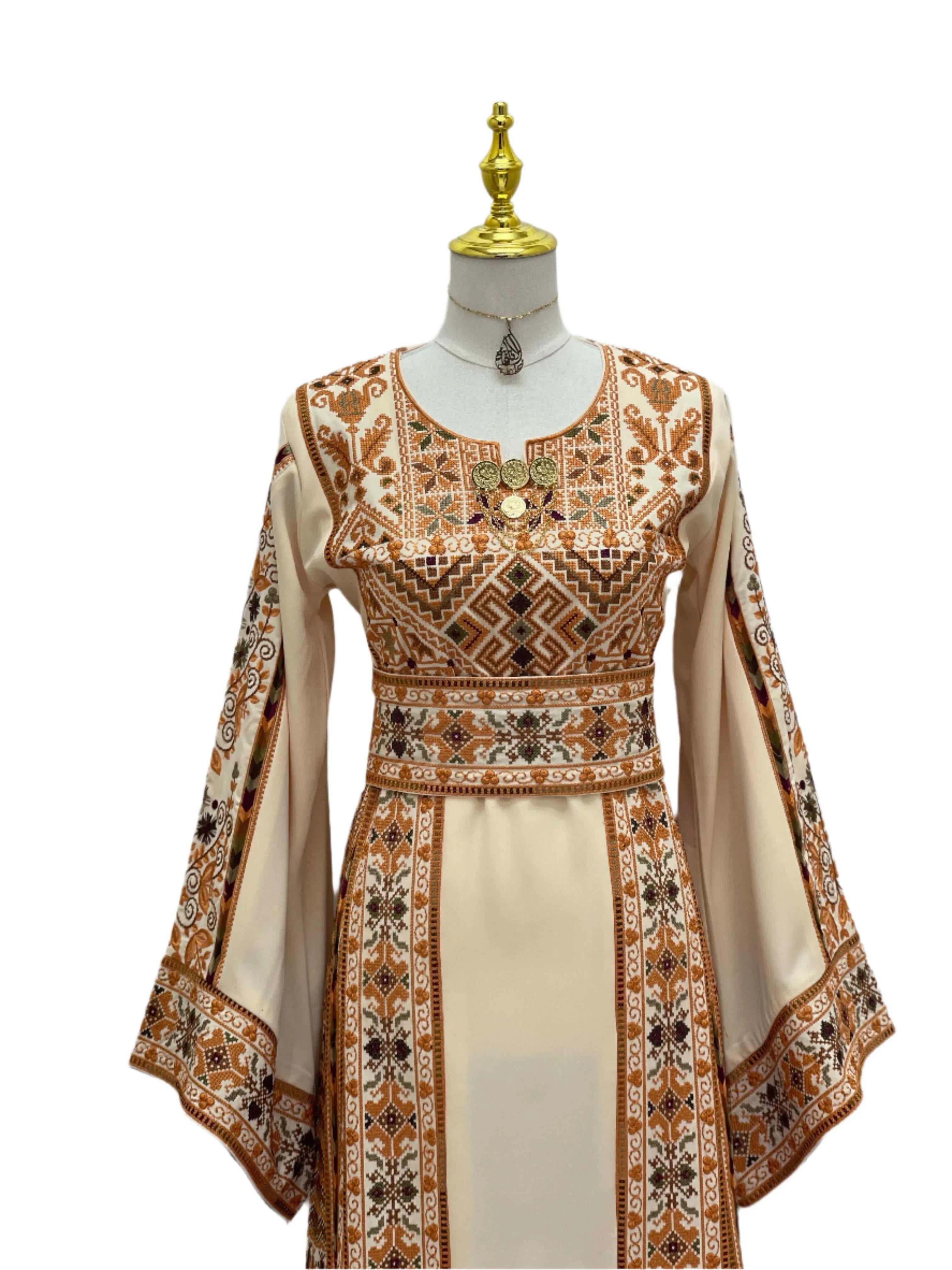 Embroidered Palestine Traditional Beige Thobe with intricate geometric and floral patterns from Palestinian Elegance