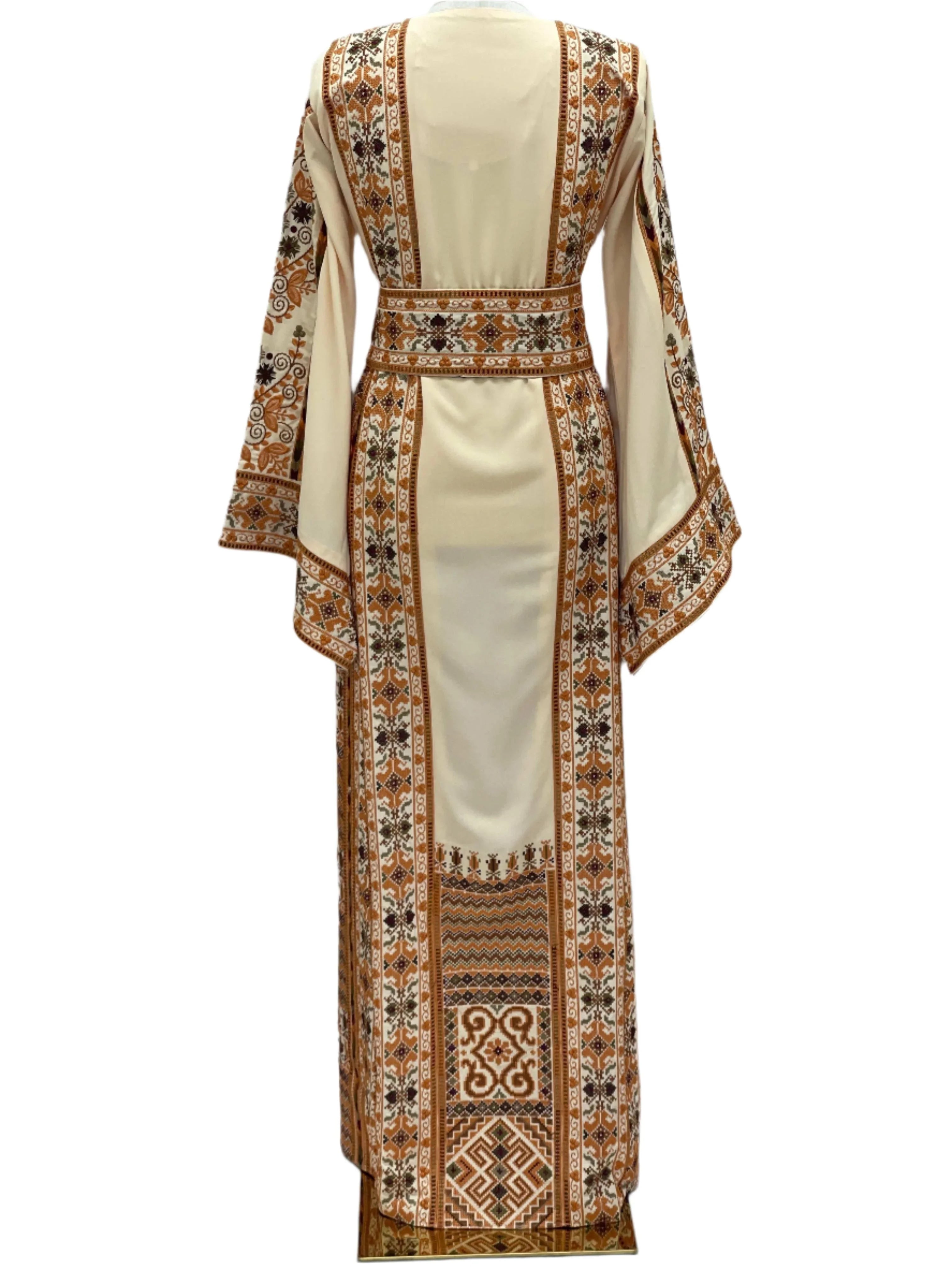 Embroidered Palestine Traditional Beige Thobe with intricate orange and black embroidery patterns by Palestinian Elegance