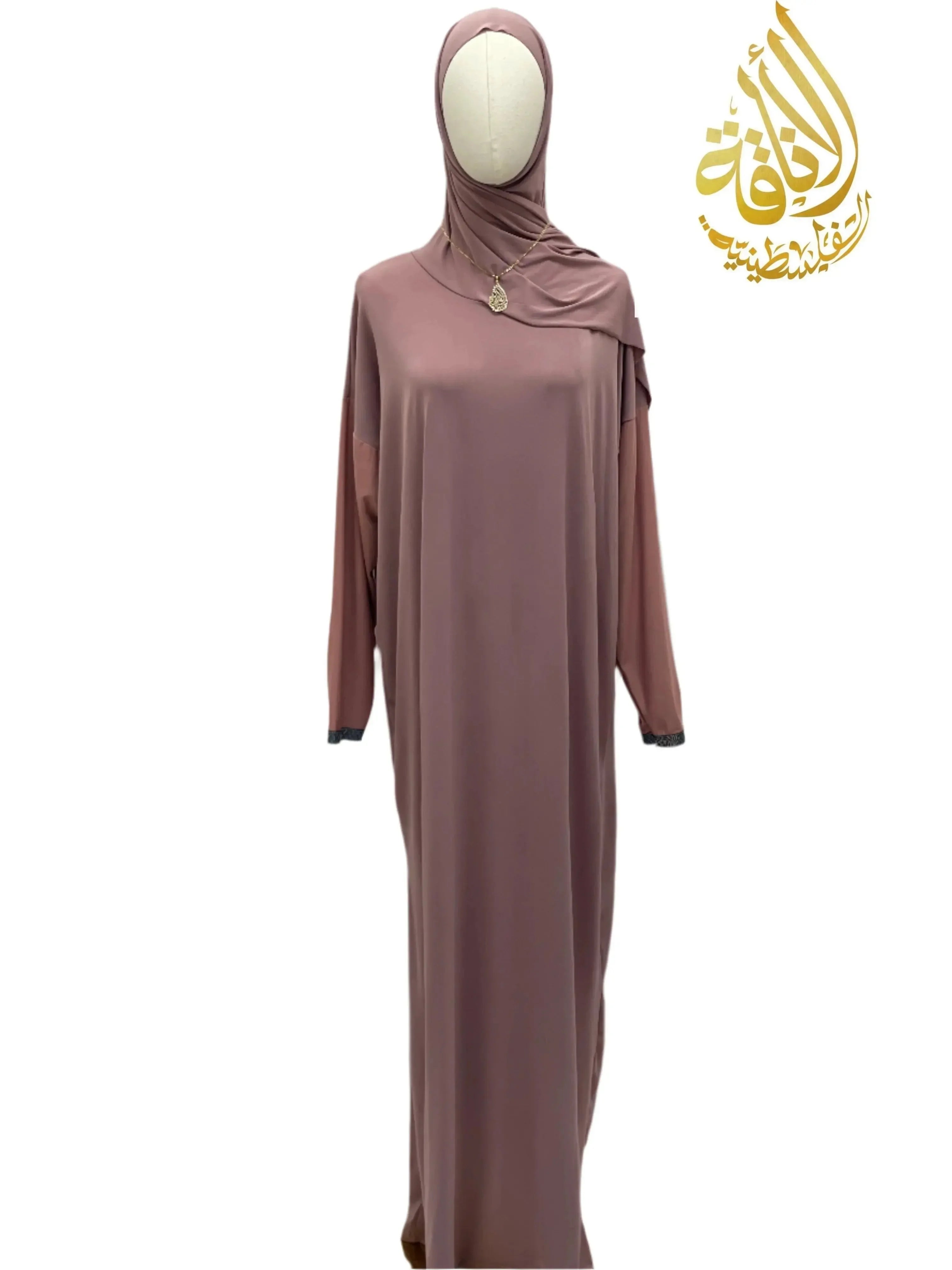 Palestinian Elegance one piece prayer dress in muted rose with long sleeves and attached hood