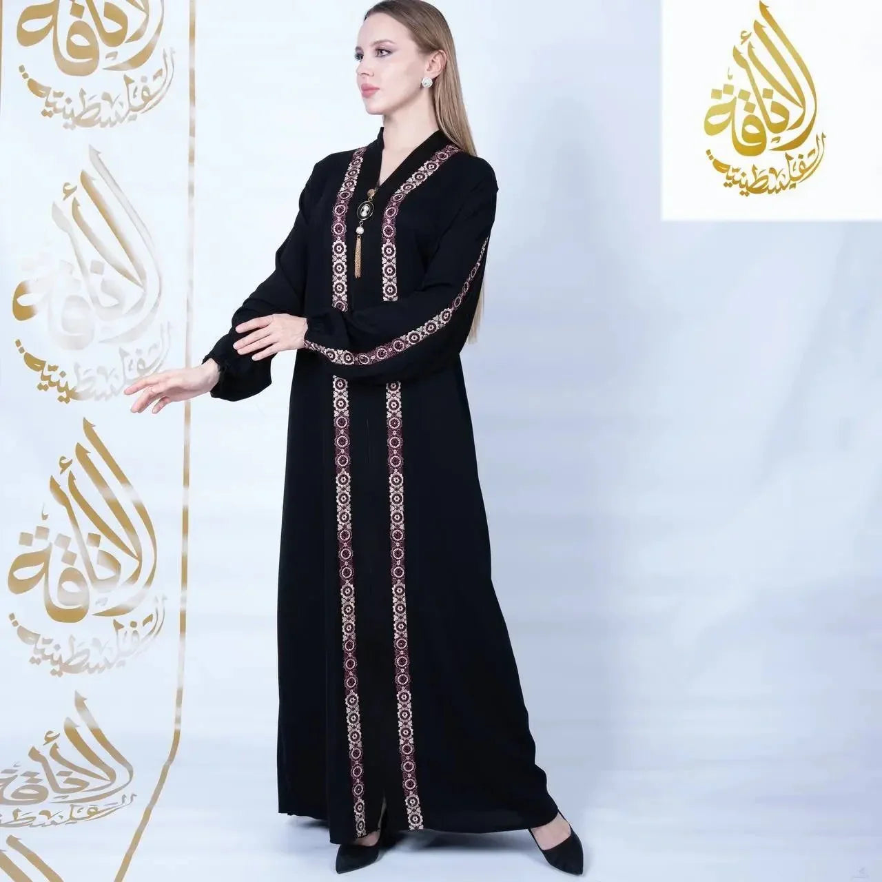 Palestinian Elegance Plus Size Zipper Abaya with Embroidery Palestinian Elegance