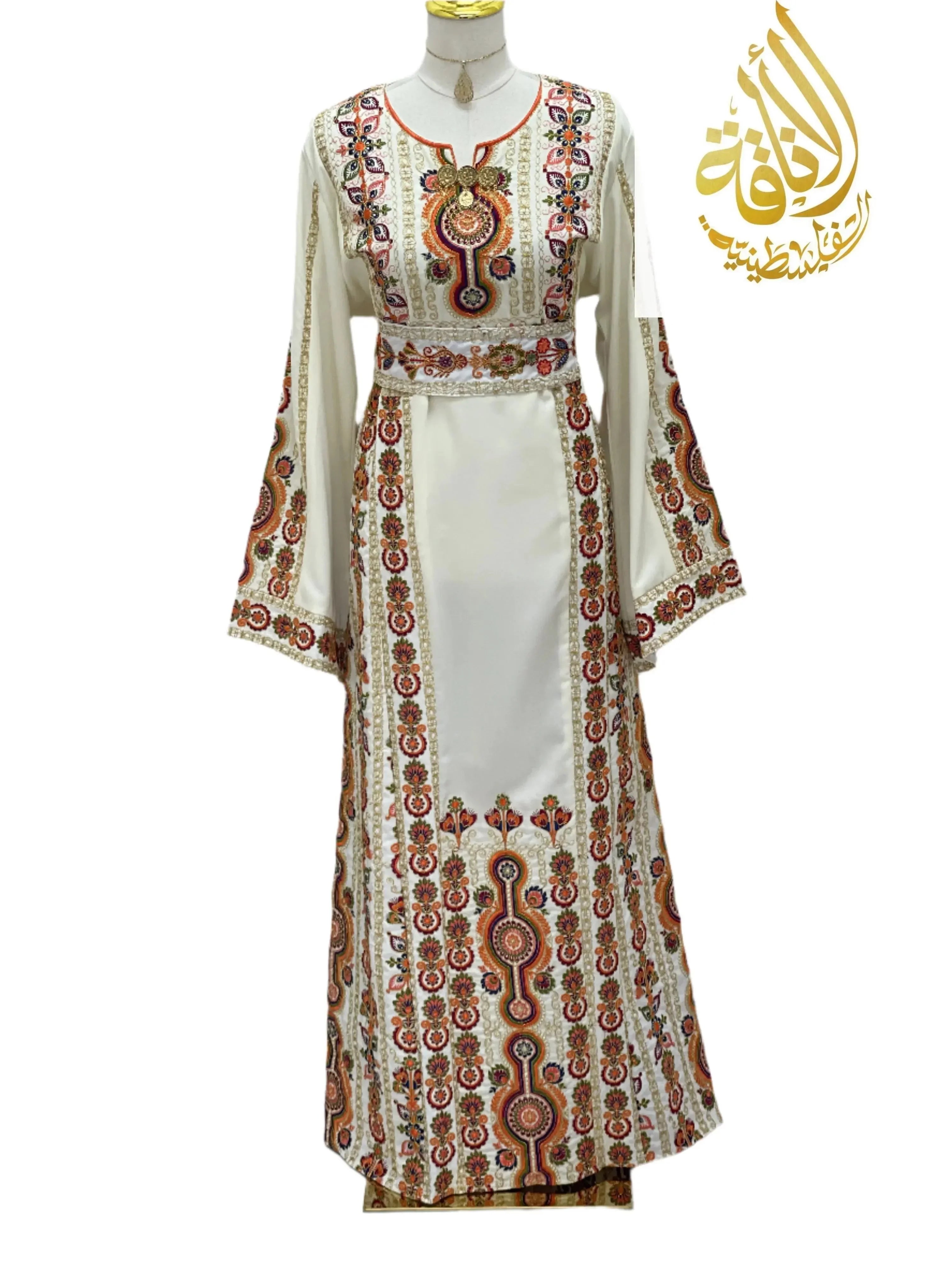 Salma Ivory Embroidered Thoub by Palestinian Elegance with detailed traditional embroidery on ivory fabric