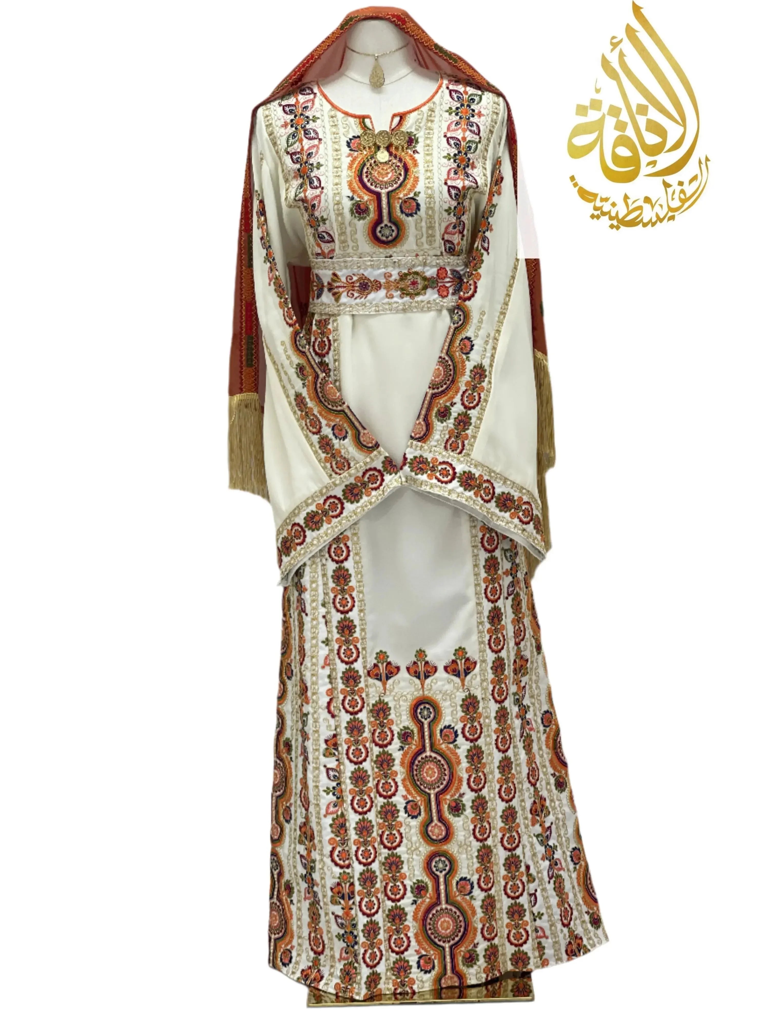Salma Ivory Embroidered Thoub by Palestinian Elegance with intricate traditional embroidery on ivory fabric