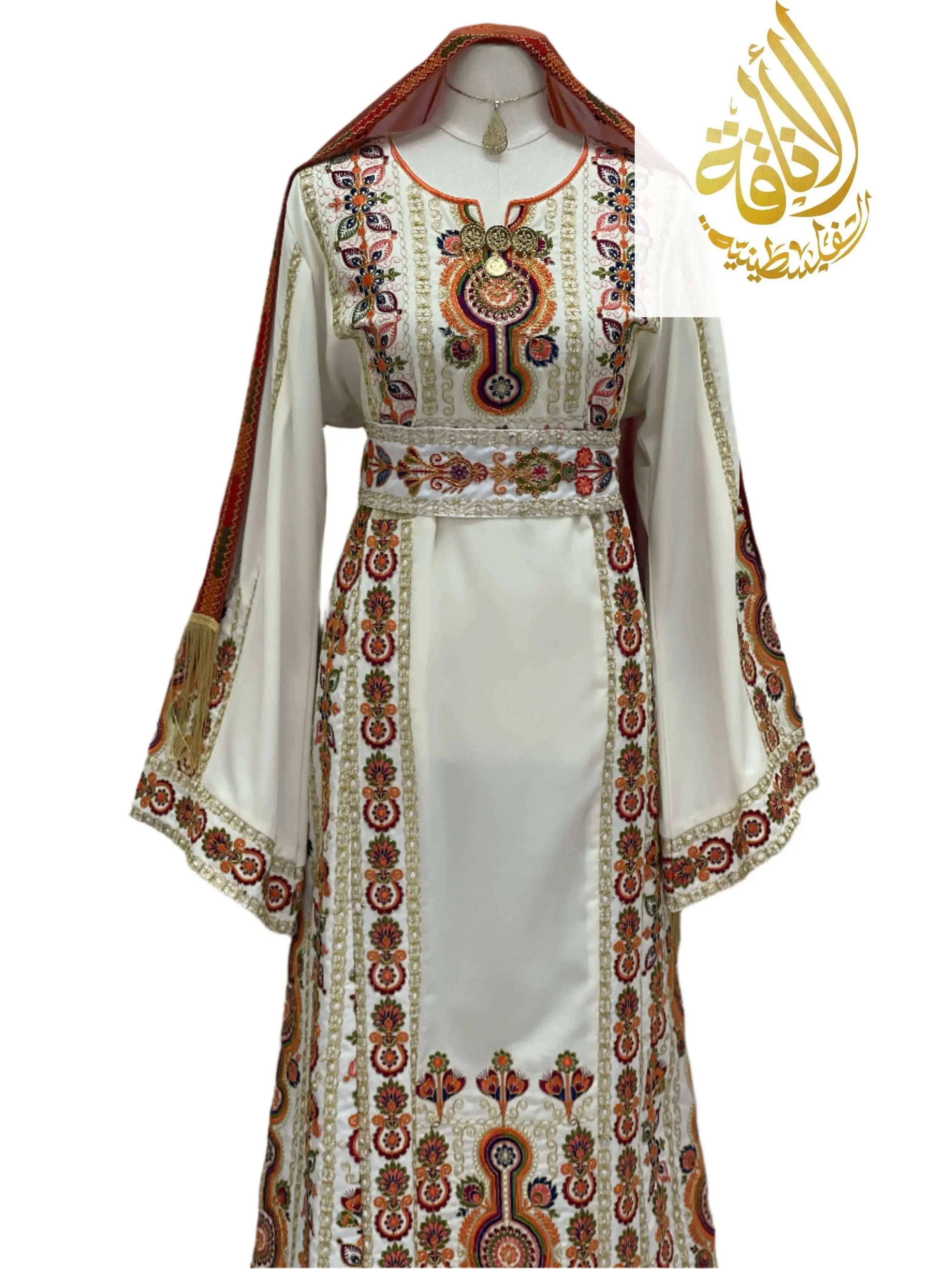 Salma Ivory Embroidered Thoub by Palestinian Elegance with intricate orange and gold floral embroidery