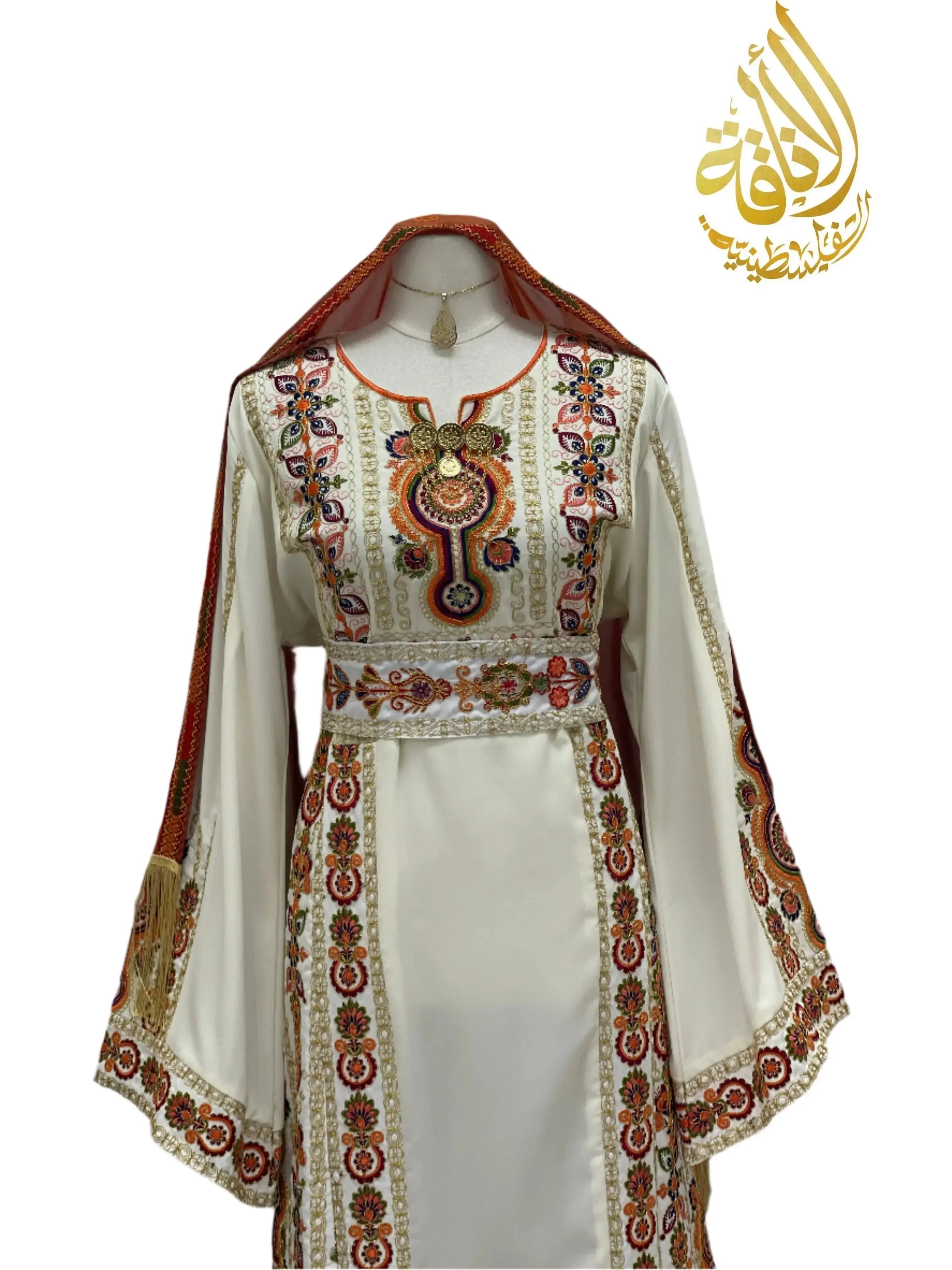 Salma Ivory Embroidered Thoub by Palestinian Elegance featuring detailed traditional embroidery on ivory fabric with wide sleeve design
