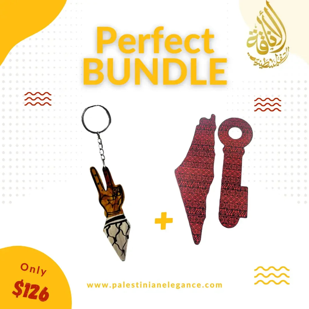 Palestinian Heritage & Peace Bundle: Peace Sign Keychain & Tatreez Palestine Map Set 80 CM Palestinian Elegance