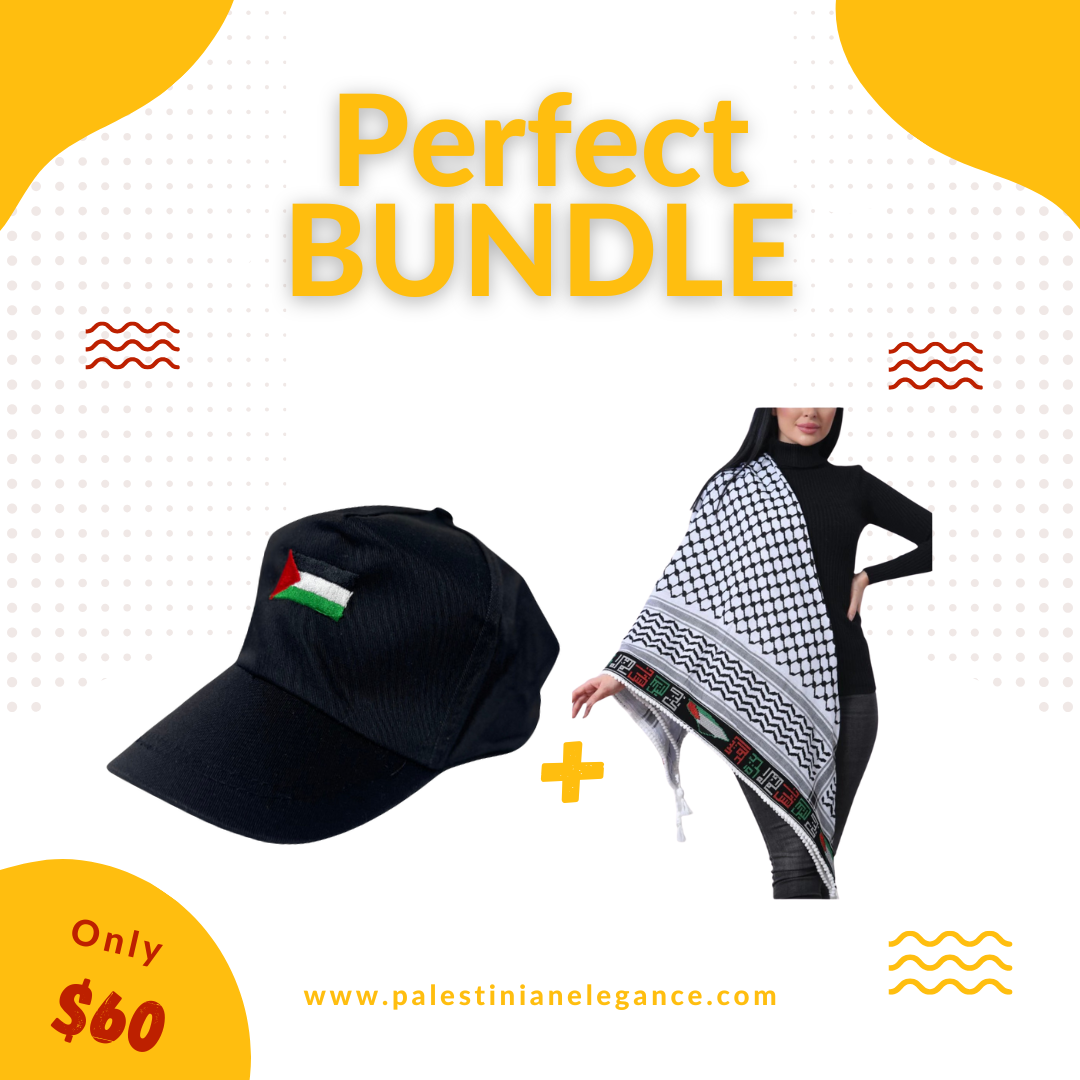 Palestinian Pride Bundle: Embroidered Kuffia & Kids Palestine Flag Hat Palestinian Elegance