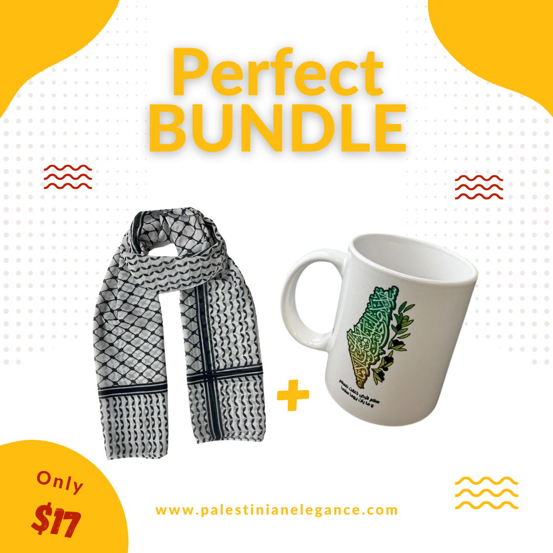 Palestinian Pride Bundle: Full Kuffiyeh Hijab & Palestine Map Design Cup Palestinian Elegance