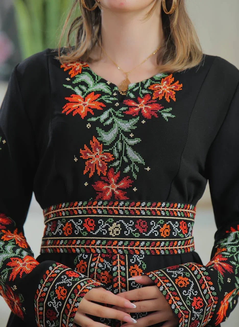 Elegant Rose Embroidered Dress Abaya featuring vibrant floral designs and intricate detailing