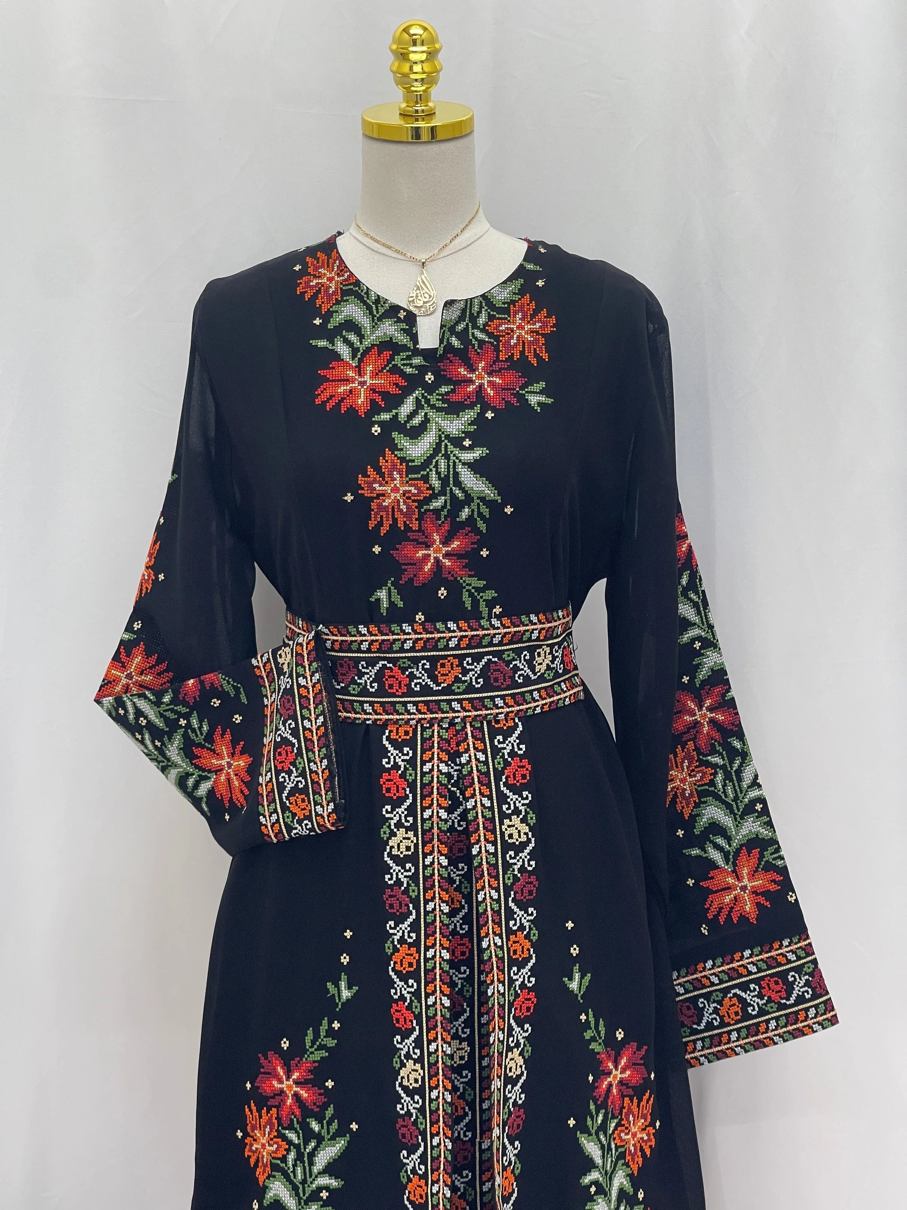 Elegant Rose Embroidered Dress Abaya with vibrant floral patterns and flowing sleeves