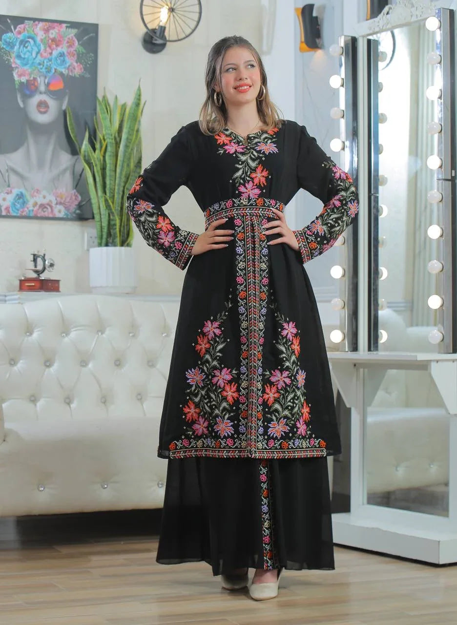 Elegant Rose Embroidered Dress Abaya with colorful floral designs for stylish occasions