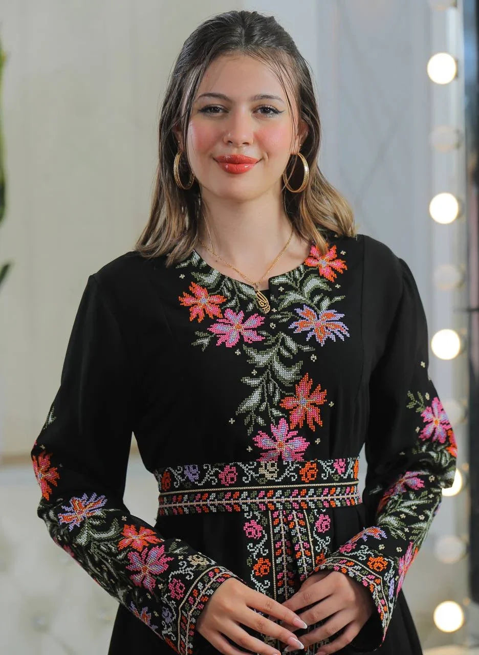 Elegant Rose Embroidered Dress Abaya featuring colorful floral designs and a flattering fit