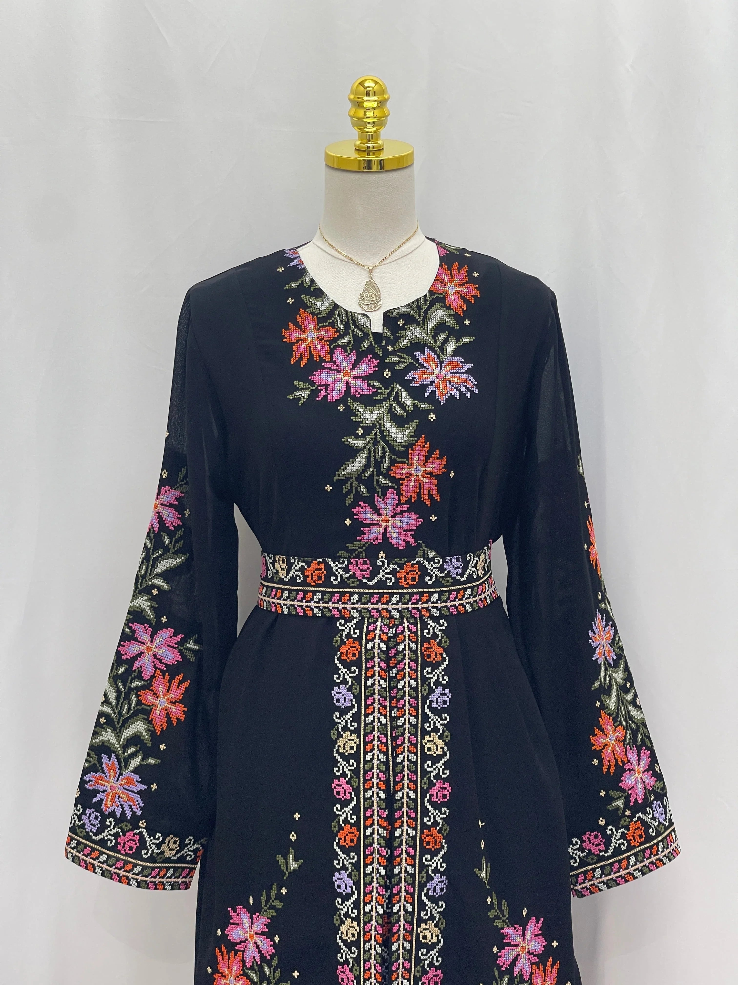 Elegant Rose Embroidered Dress Abaya featuring vibrant floral designs and long sleeves