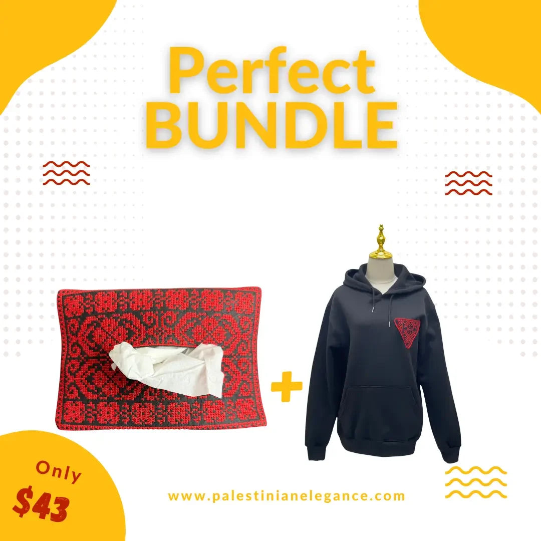 Tatreez Elegance Bundle: Black Hoodie & Tissue Box Palestinian Elegance