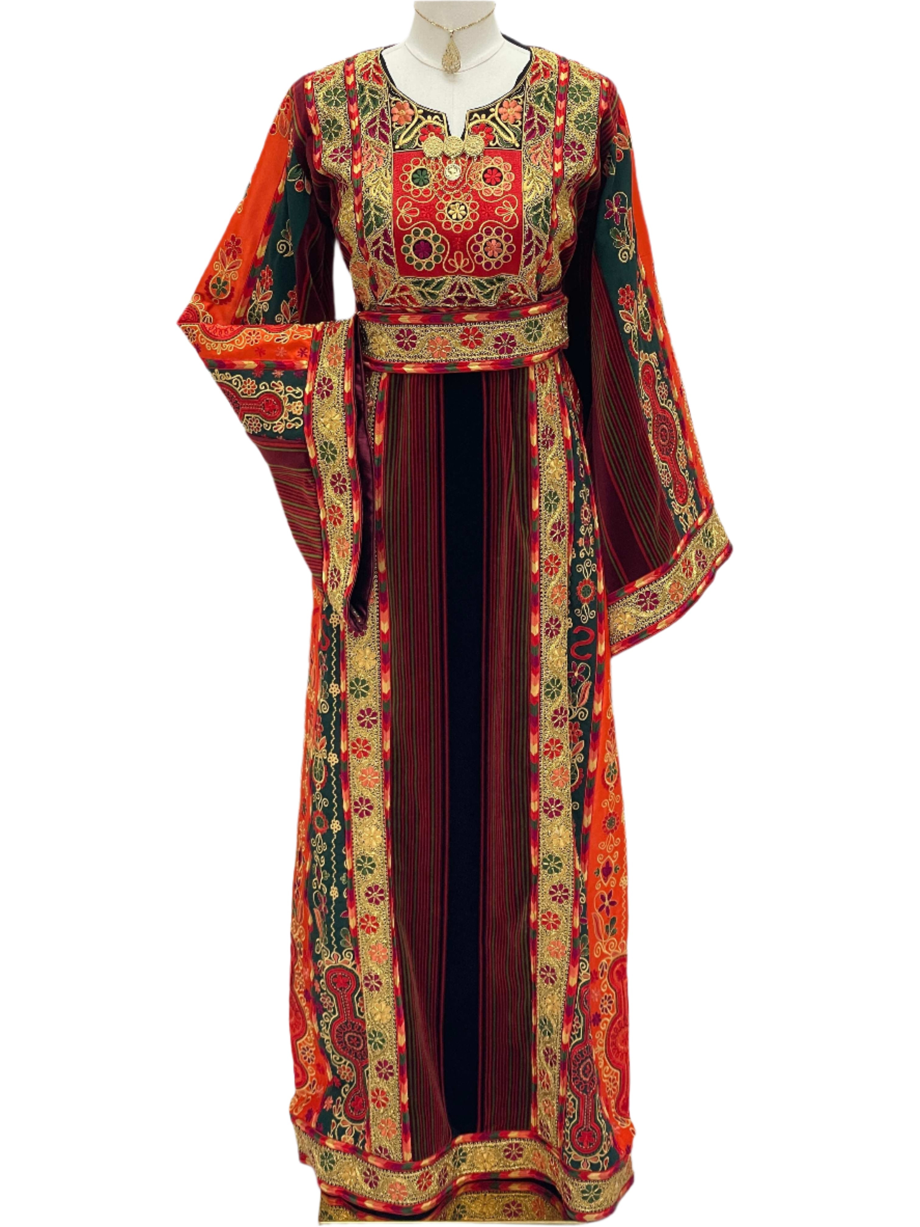 Embroidered Janna & Nar Malaka Kasab Thoub dress by Palestinian Elegance with red and green floral patterns