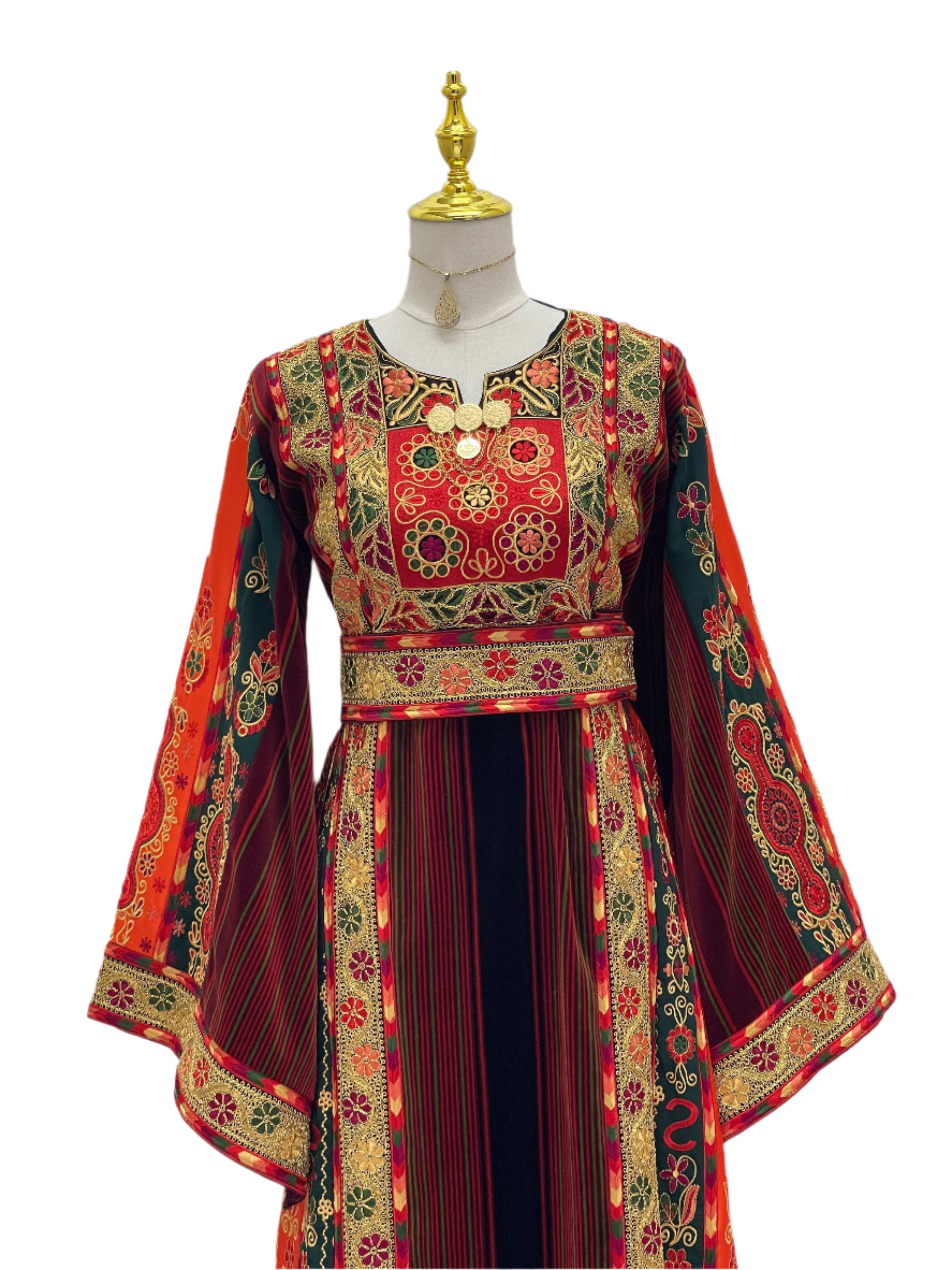 Embroidered Janna & Nar Malaka Kasab Thoub dress by Palestinian Elegance with intricate traditional patterns