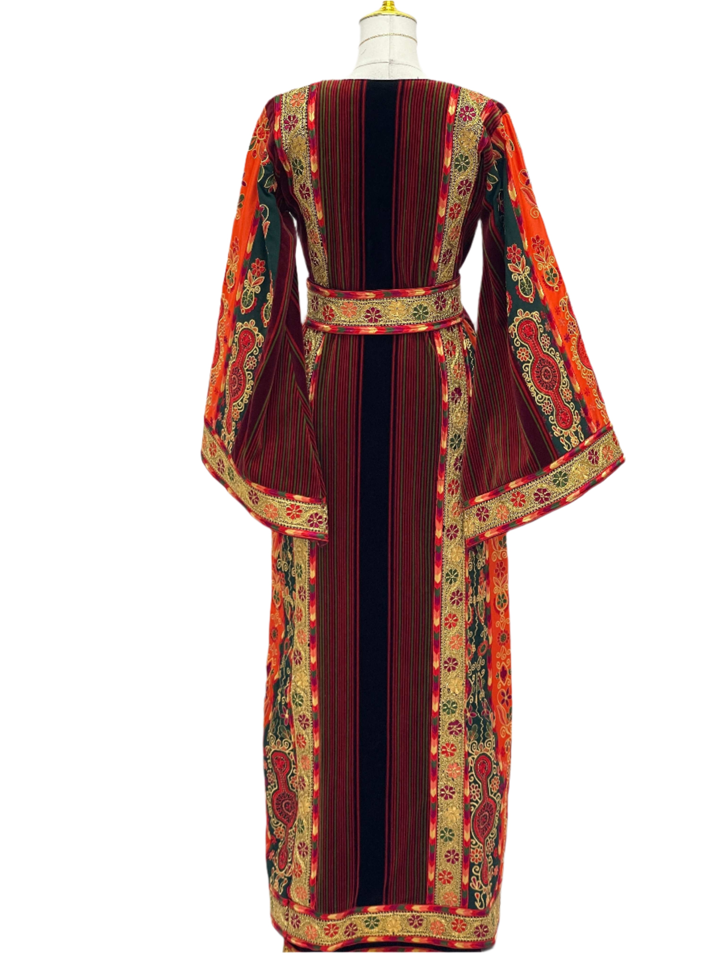 Palestinian Elegance embroidered Janna & Nar Malaka Kasab Thoub with colorful intricate patterns and gold accents