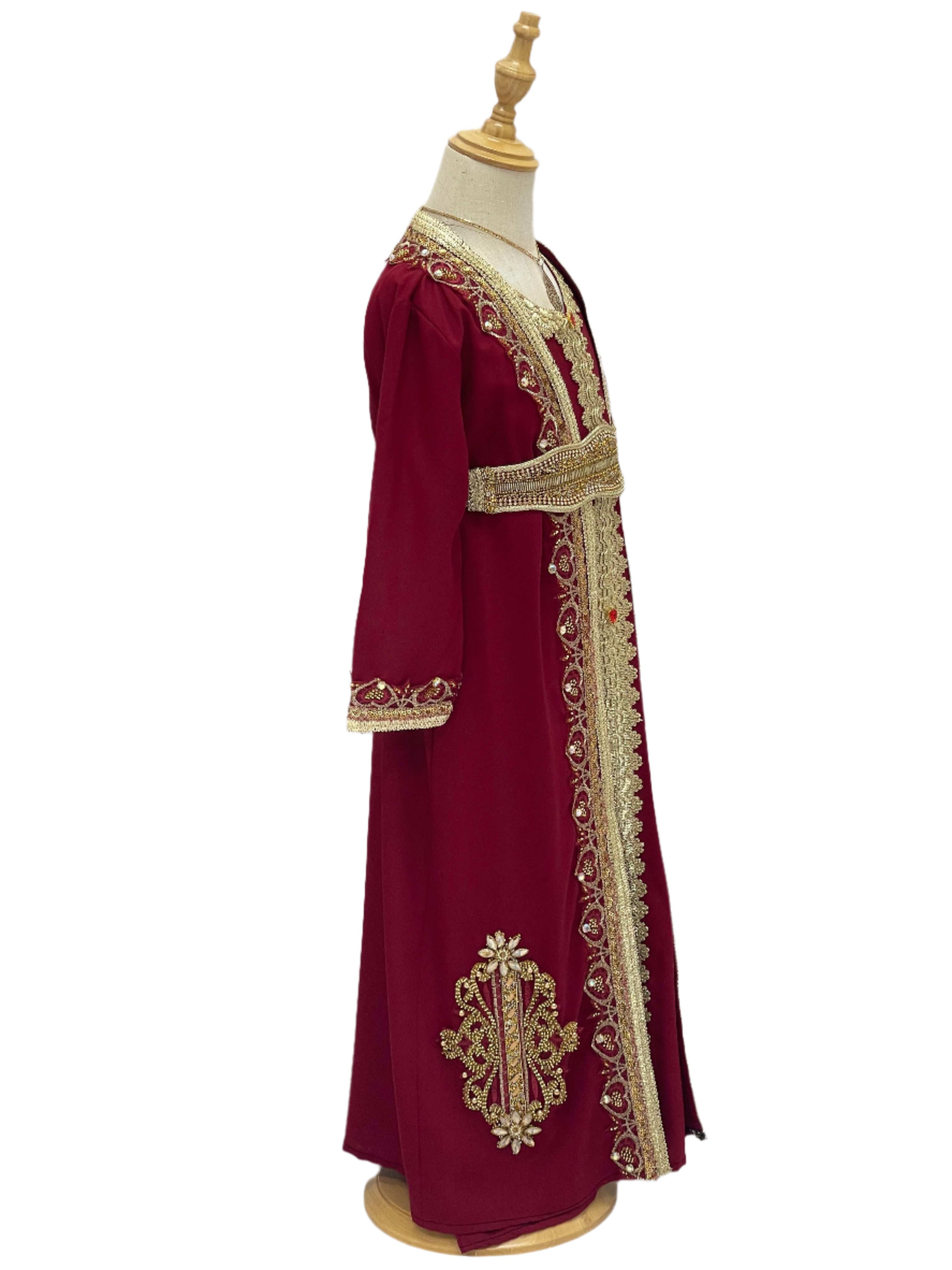 Princess Mariam Long Sleeve Kaftan Dress by Palestinian Elegance in deep red with gold embroidery