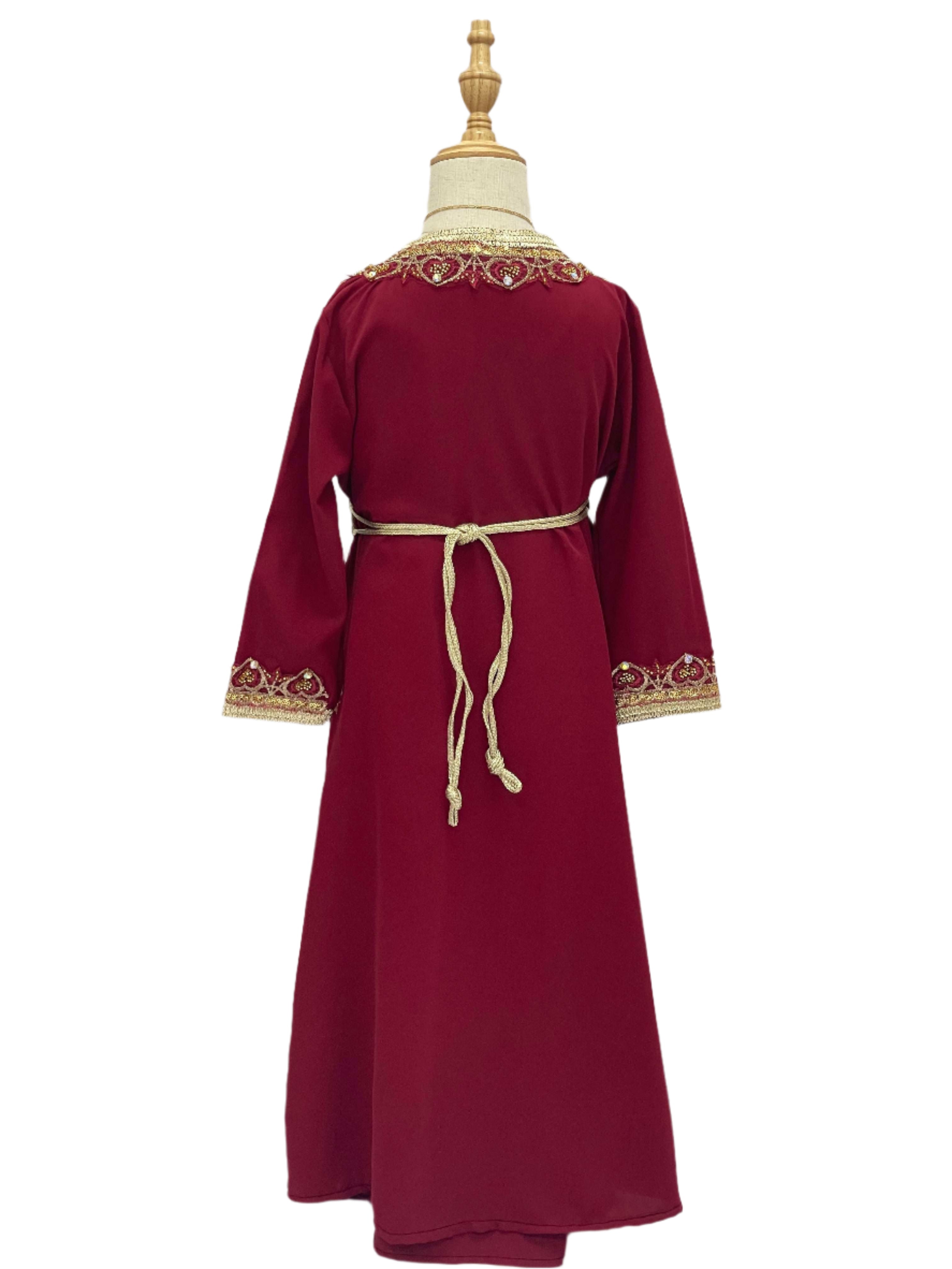 Back view of Princess Mariam Long Sleeve Kaftan Dress in deep red with gold embroidered neckline and cuffs by Palestinian Elegance