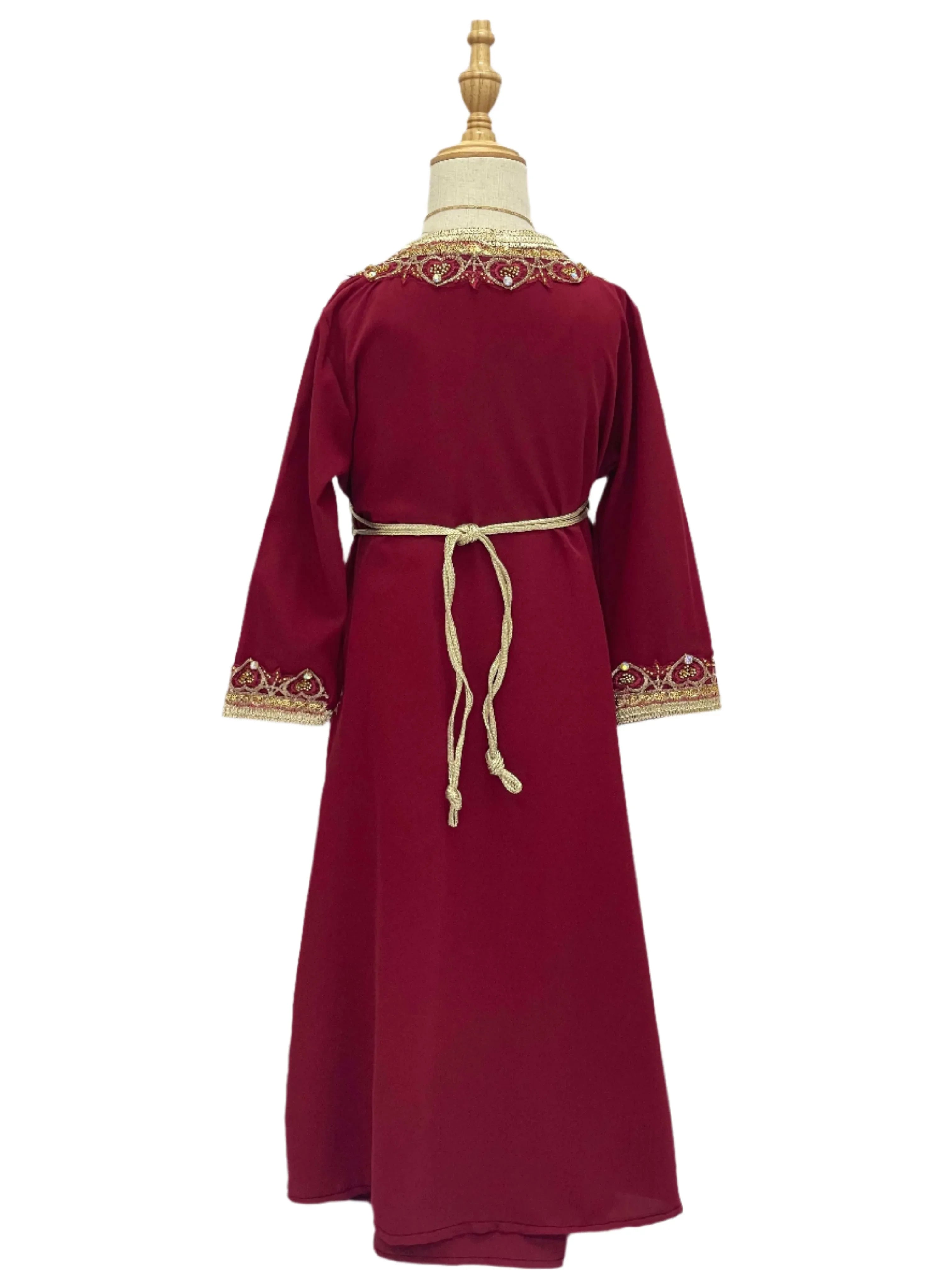 Back view of Princess Mariam Long Sleeve Kaftan Dress in deep red with gold embroidered neckline and cuffs by Palestinian Elegance