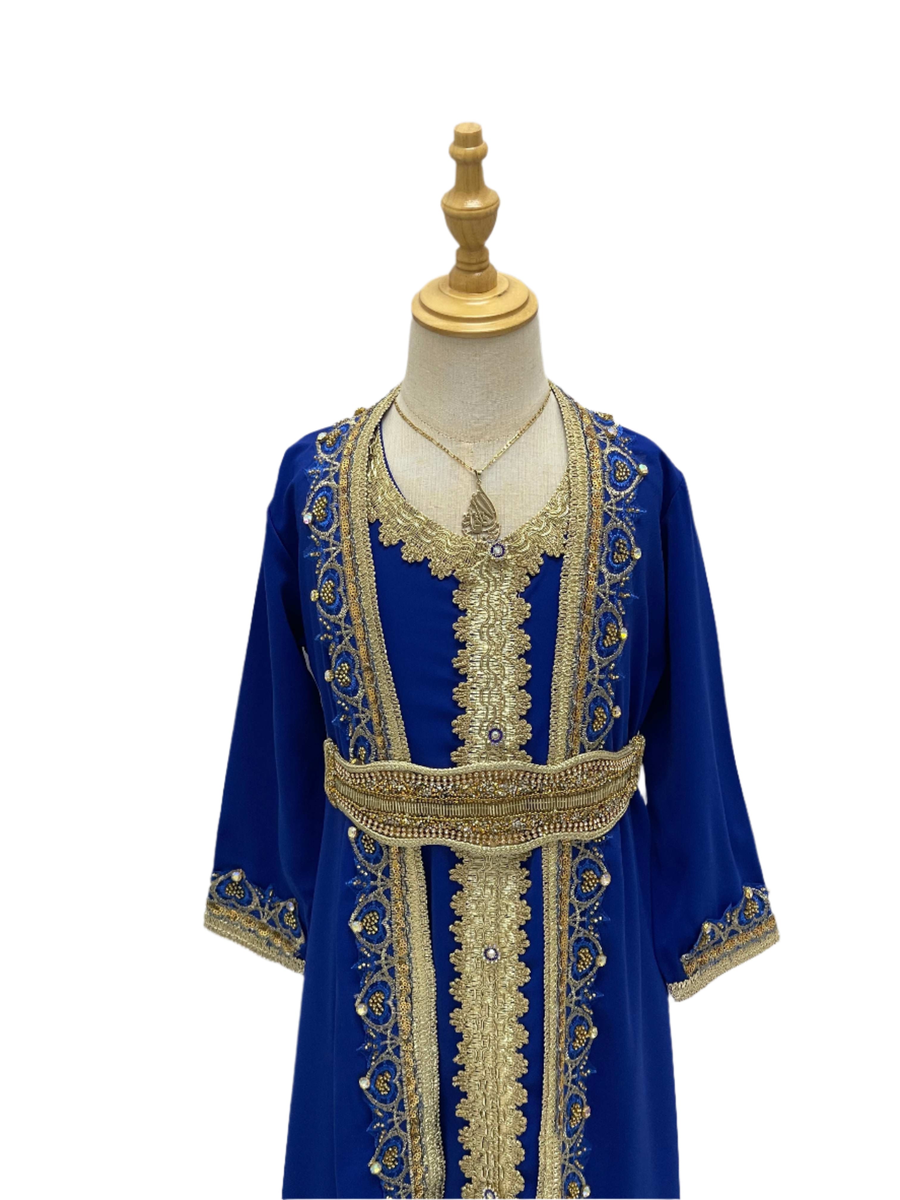 Princess Mariam Long Sleeve Kaftan Dress in royal blue with gold embroidery and decorative belt for kids