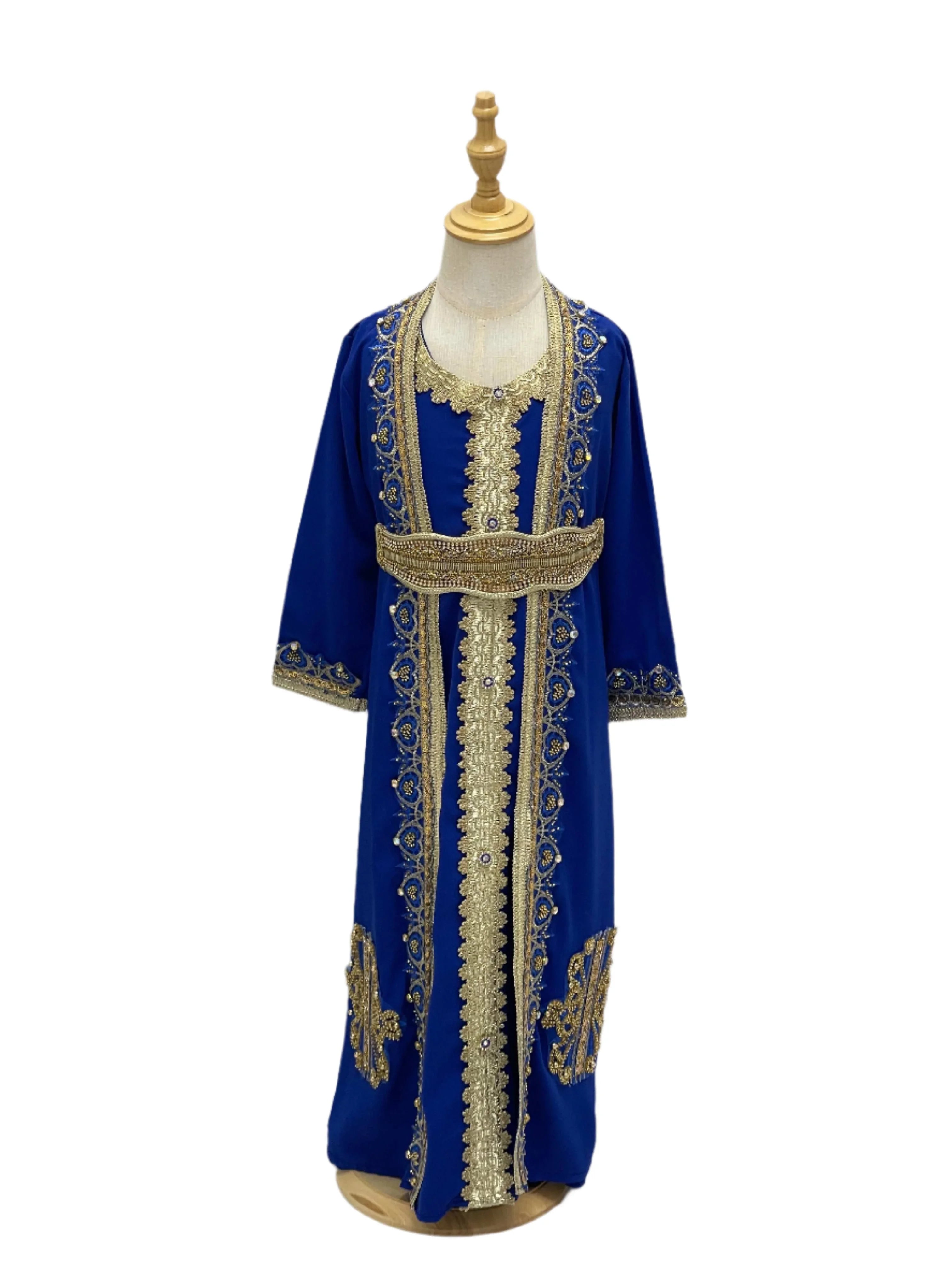 Palestinian Elegance Princess Mariam Long Sleeve Kaftan Dress in royal blue with gold embroidery