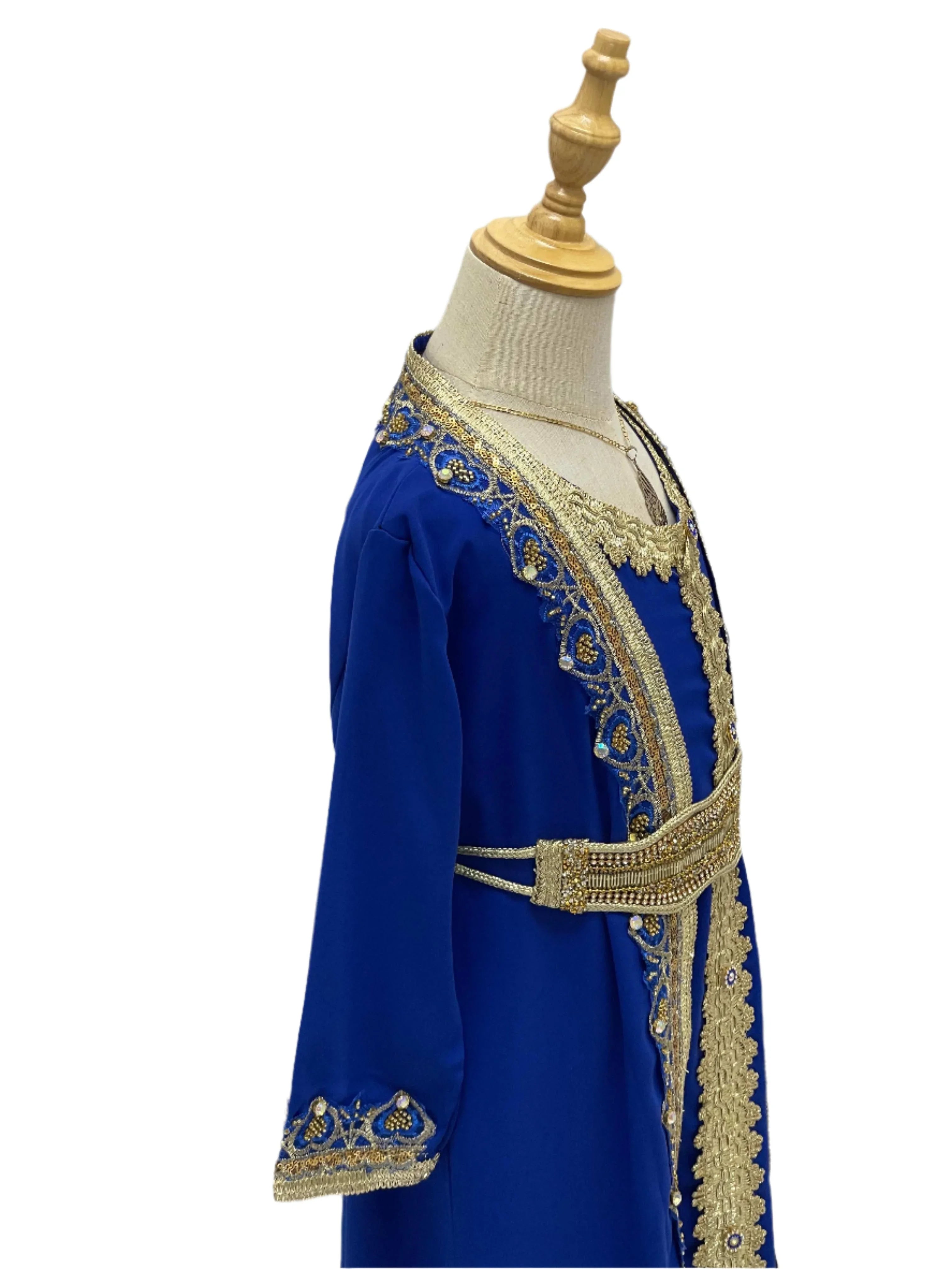 Princess Mariam Long Sleeve Kaftan Dress in royal blue with gold embroidery by Palestinian Elegance