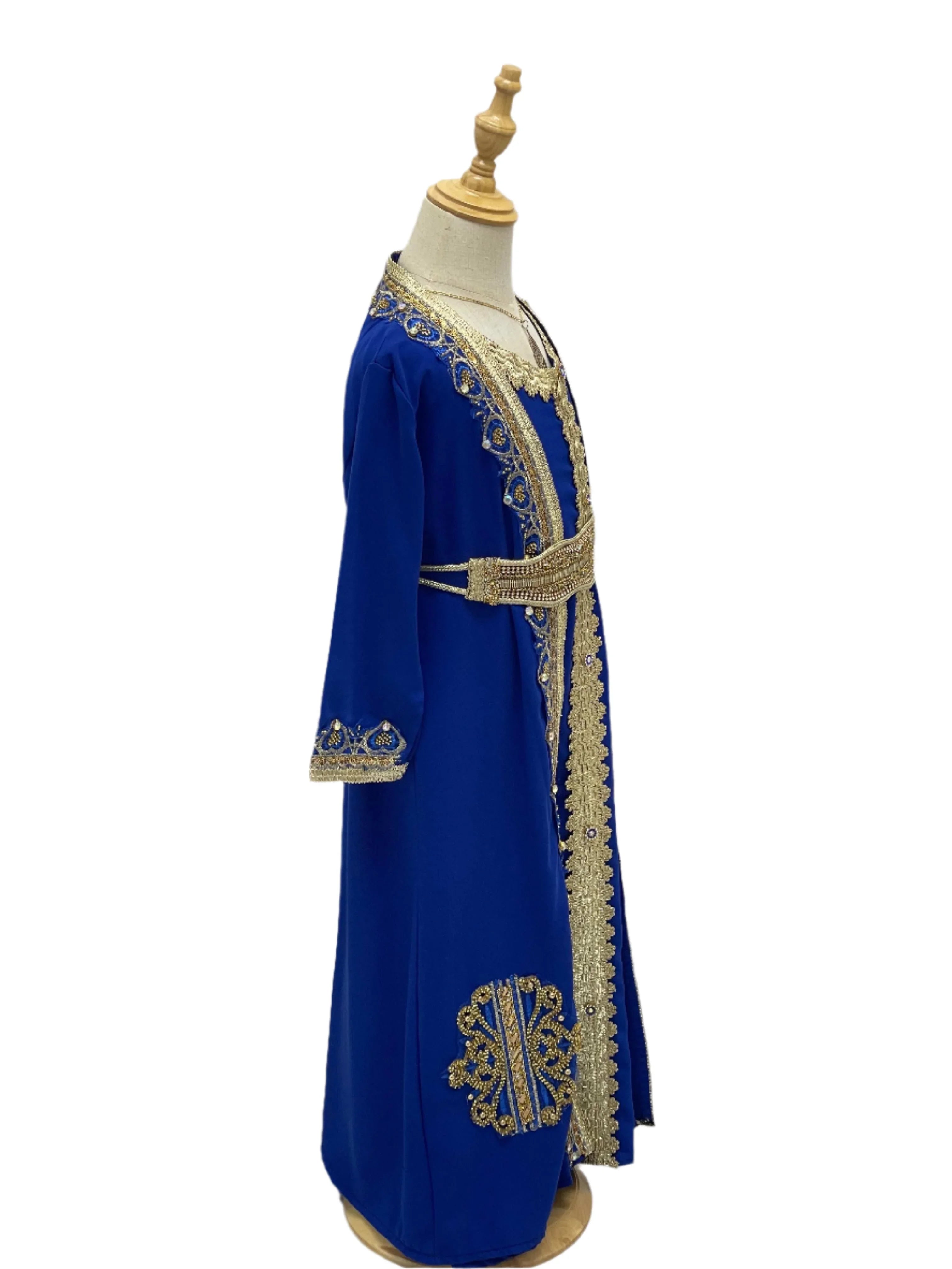 Palestinian Elegance Princess Mariam Long Sleeve Kaftan Dress in royal blue with gold embroidery for kids