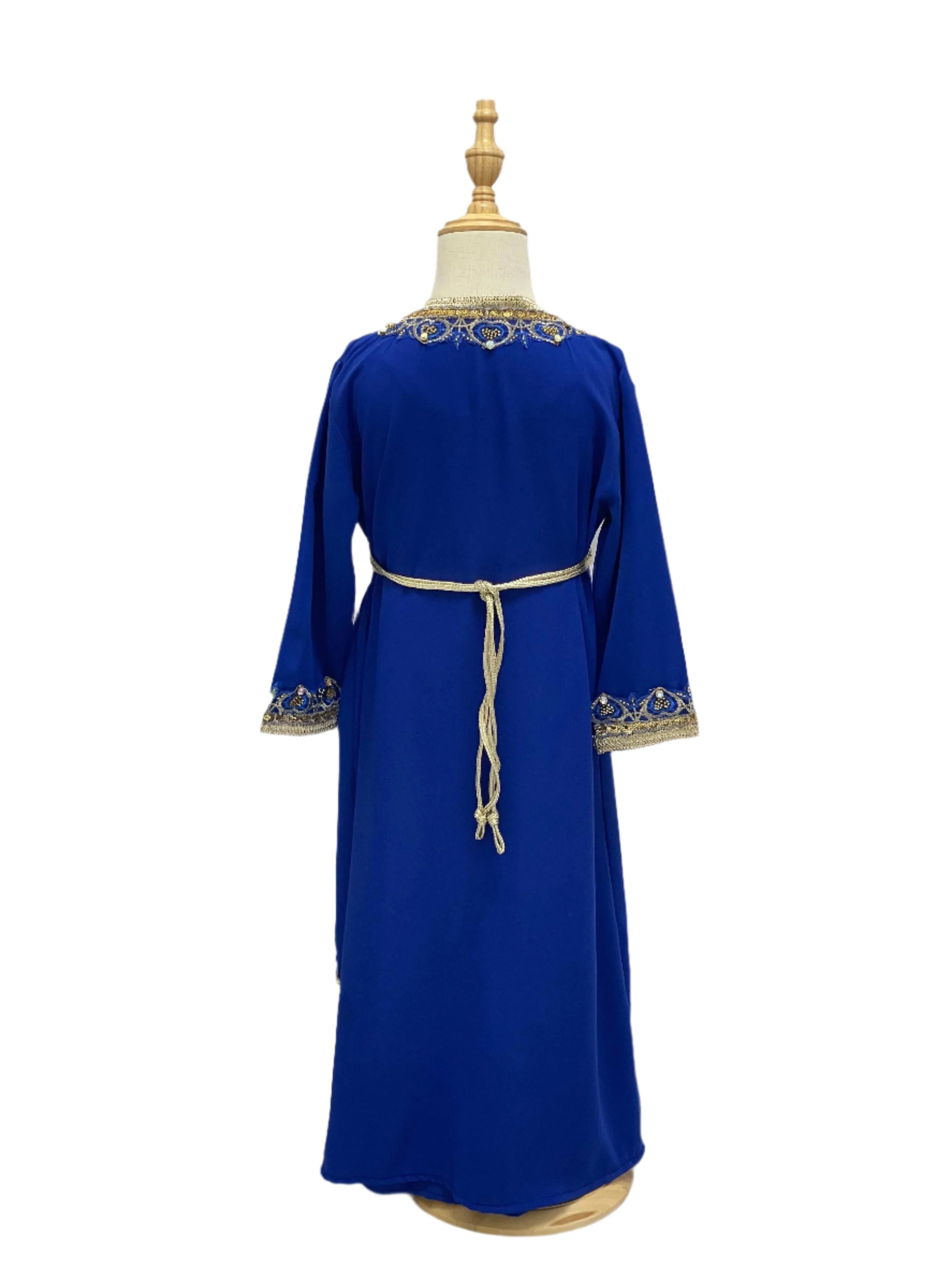 Palestinian Elegance Princess Mariam Long Sleeve Kaftan Dress in royal blue with gold embroidery and waist tie