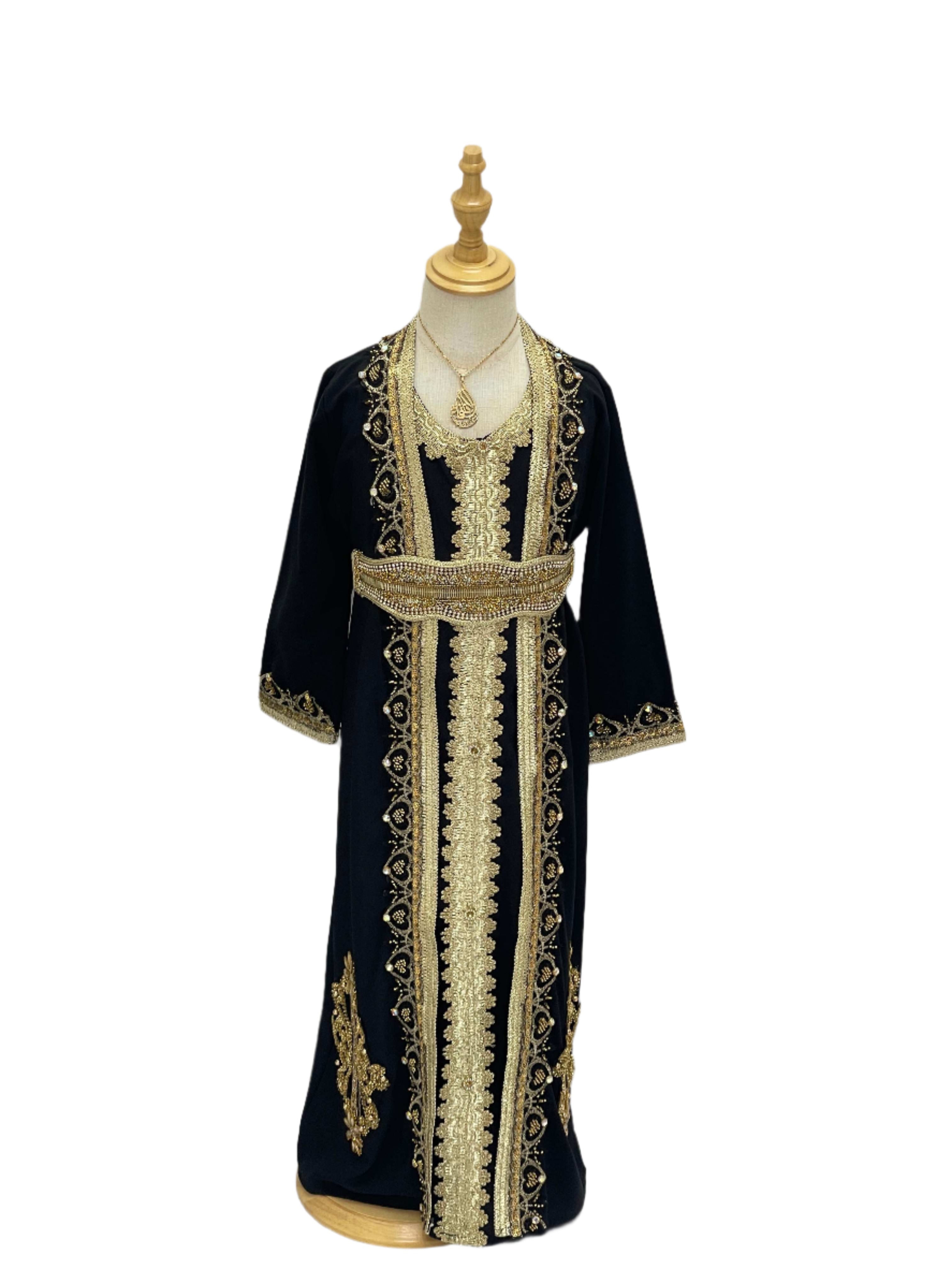 Princess Mariam Long Sleeve Kaftan Dress in black with gold embroidery from Palestinian Elegance for kids