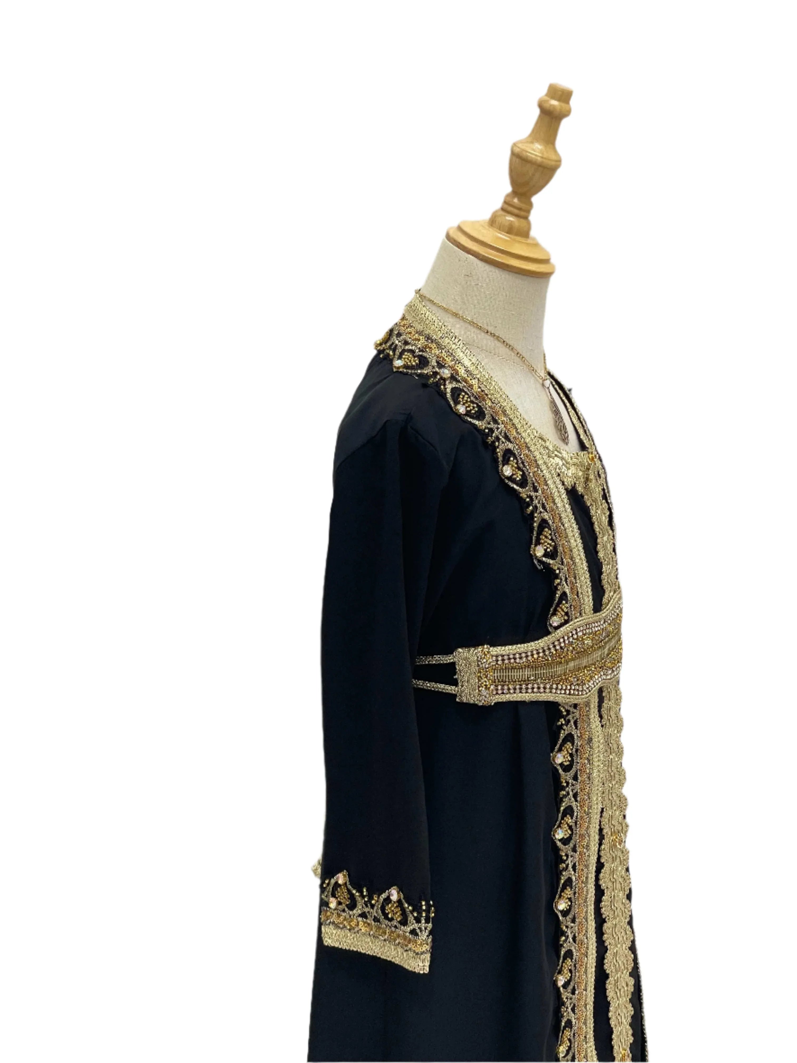 Palestinian Elegance Princess Mariam Long Sleeve Kaftan Dress in black with gold embroidery and beading details