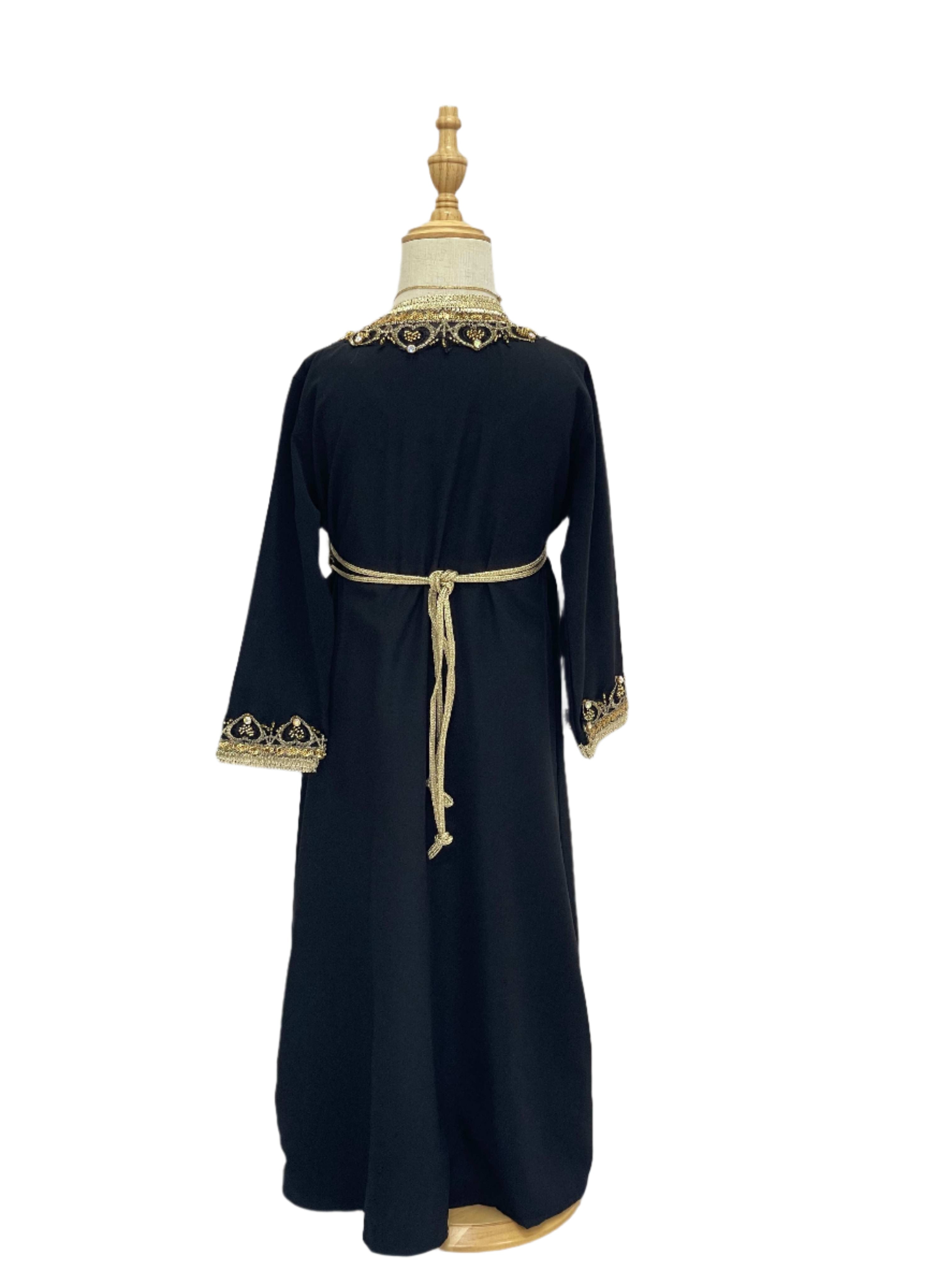 Princess Mariam Long Sleeve Kaftan Dress by Palestinian Elegance in black with gold embroidery and belt
