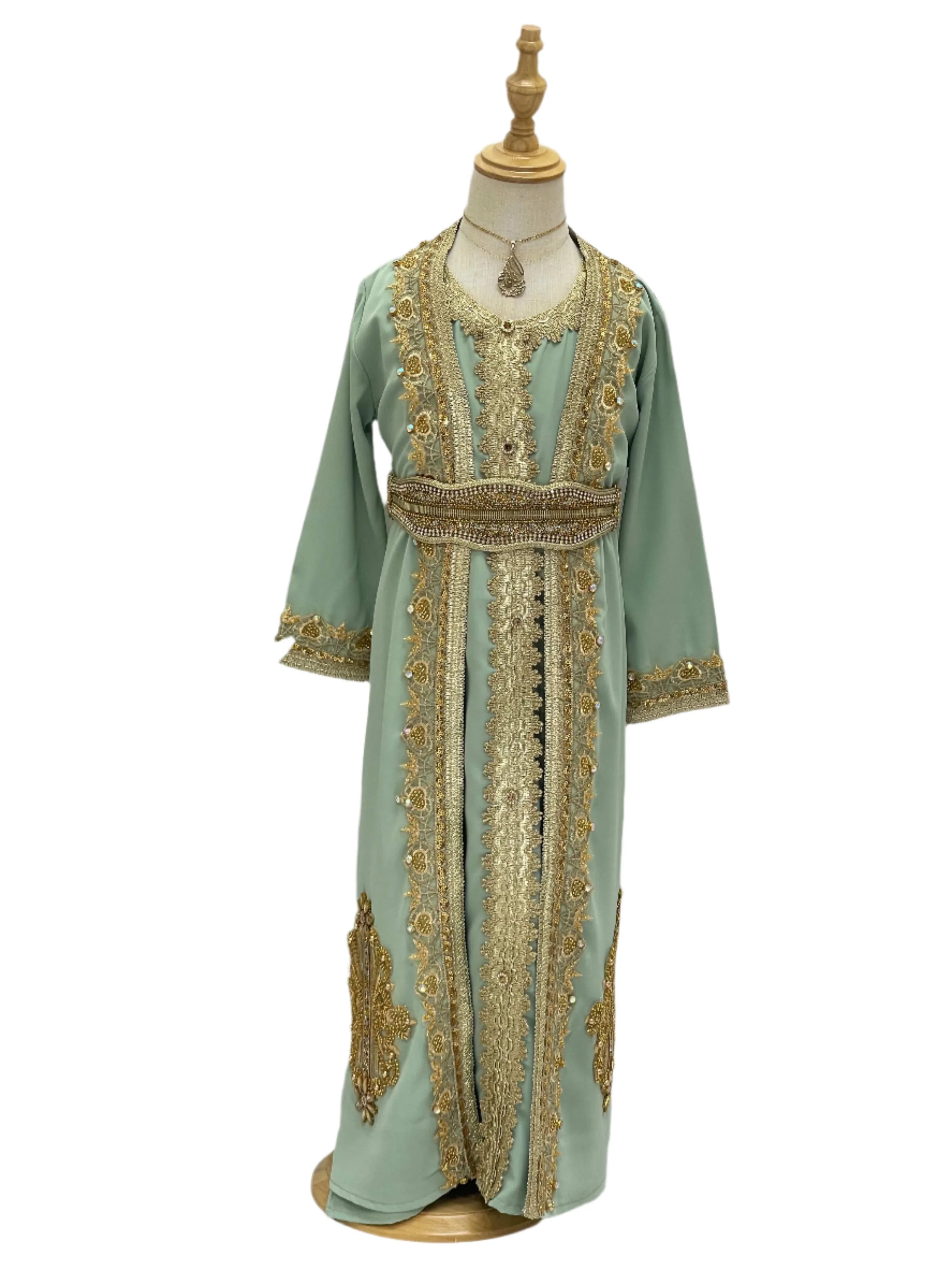 Princess Mariam Long Sleeve Kaftan Dress by Palestinian Elegance in light green with gold embroidery for kids